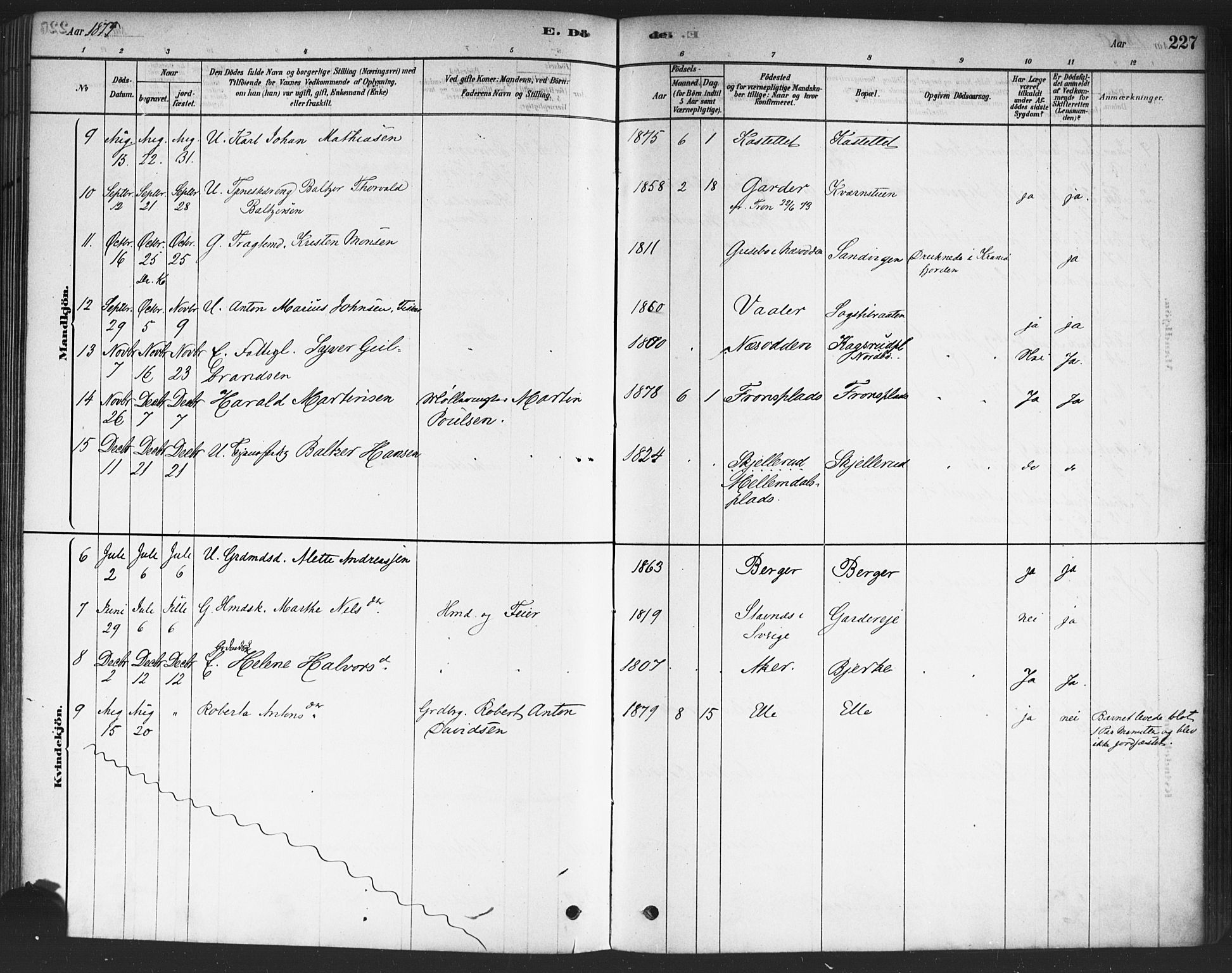 Drøbak prestekontor Kirkebøker, SAO/A-10142a/F/Fc/L0002: Parish register (official) no. III 2, 1878-1891, p. 227