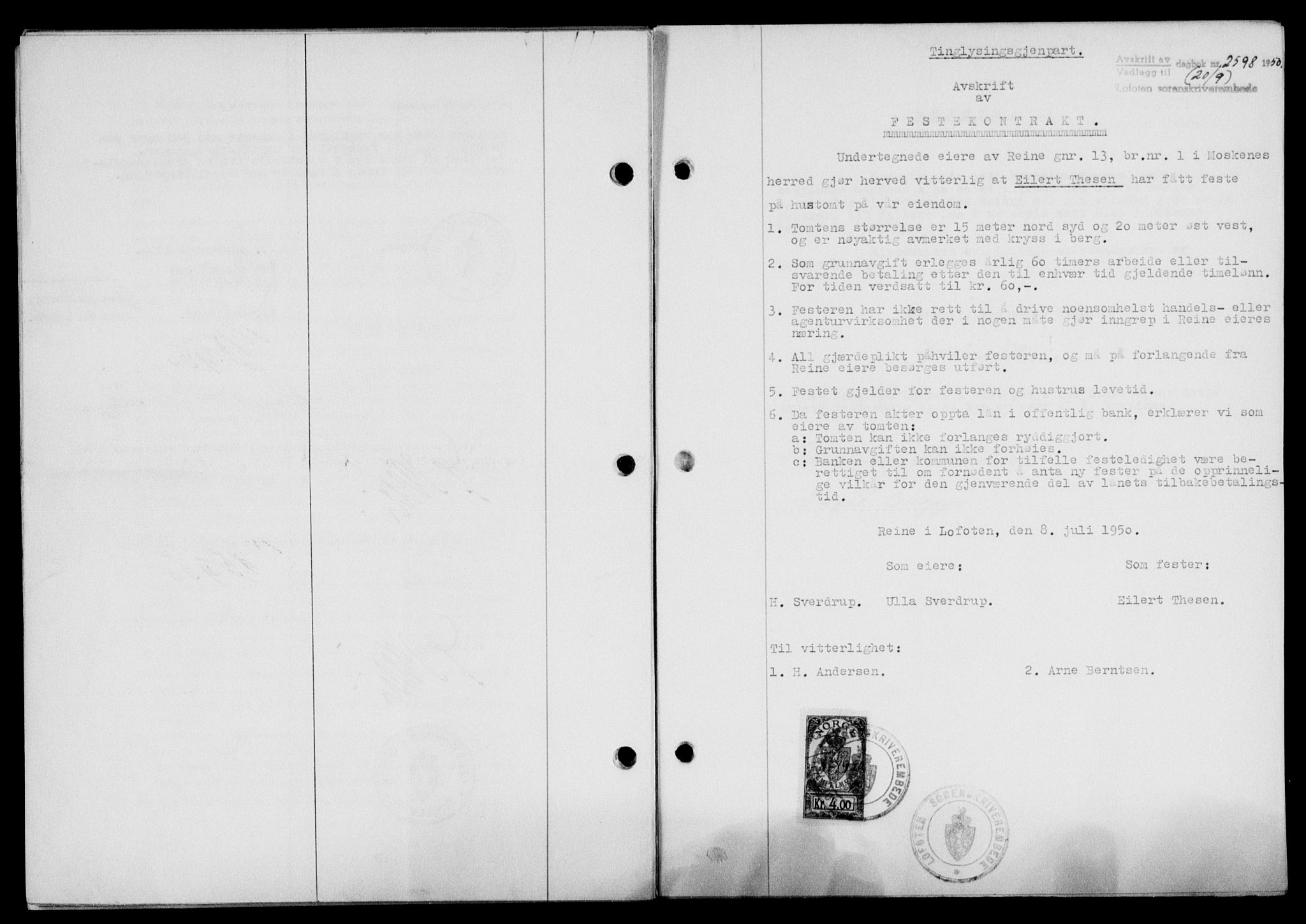 Lofoten sorenskriveri, SAT/A-0017/1/2/2C/L0024a: Mortgage book no. 24a, 1950-1950, Diary no: : 2598/1950