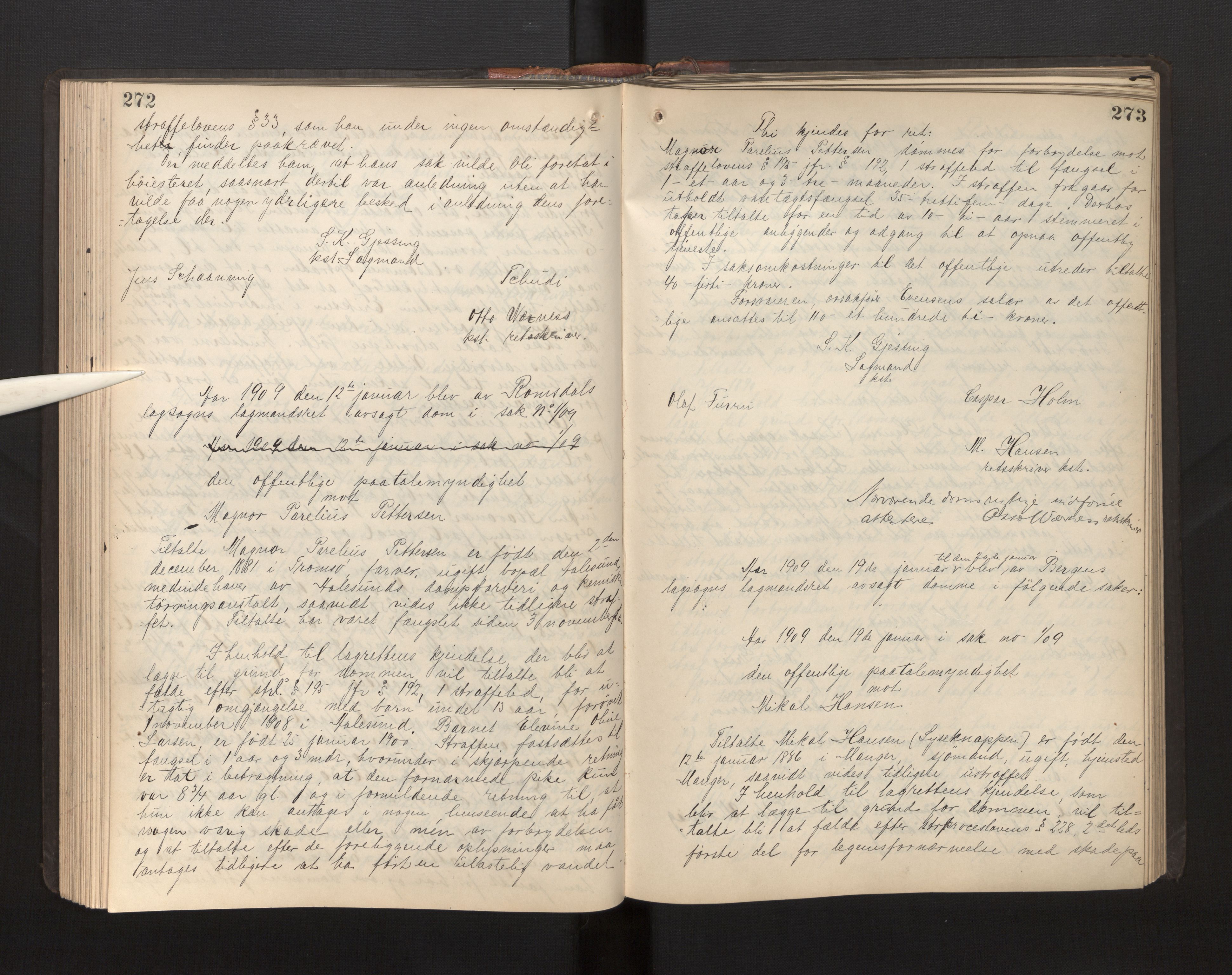 Gulating lagmannsrett, AV/SAB-A-60201/D/Da/L0002: Domsprotokoll for straffesaker - Gula- og Frostating lagdømme., 1906-1910, p. 272-273