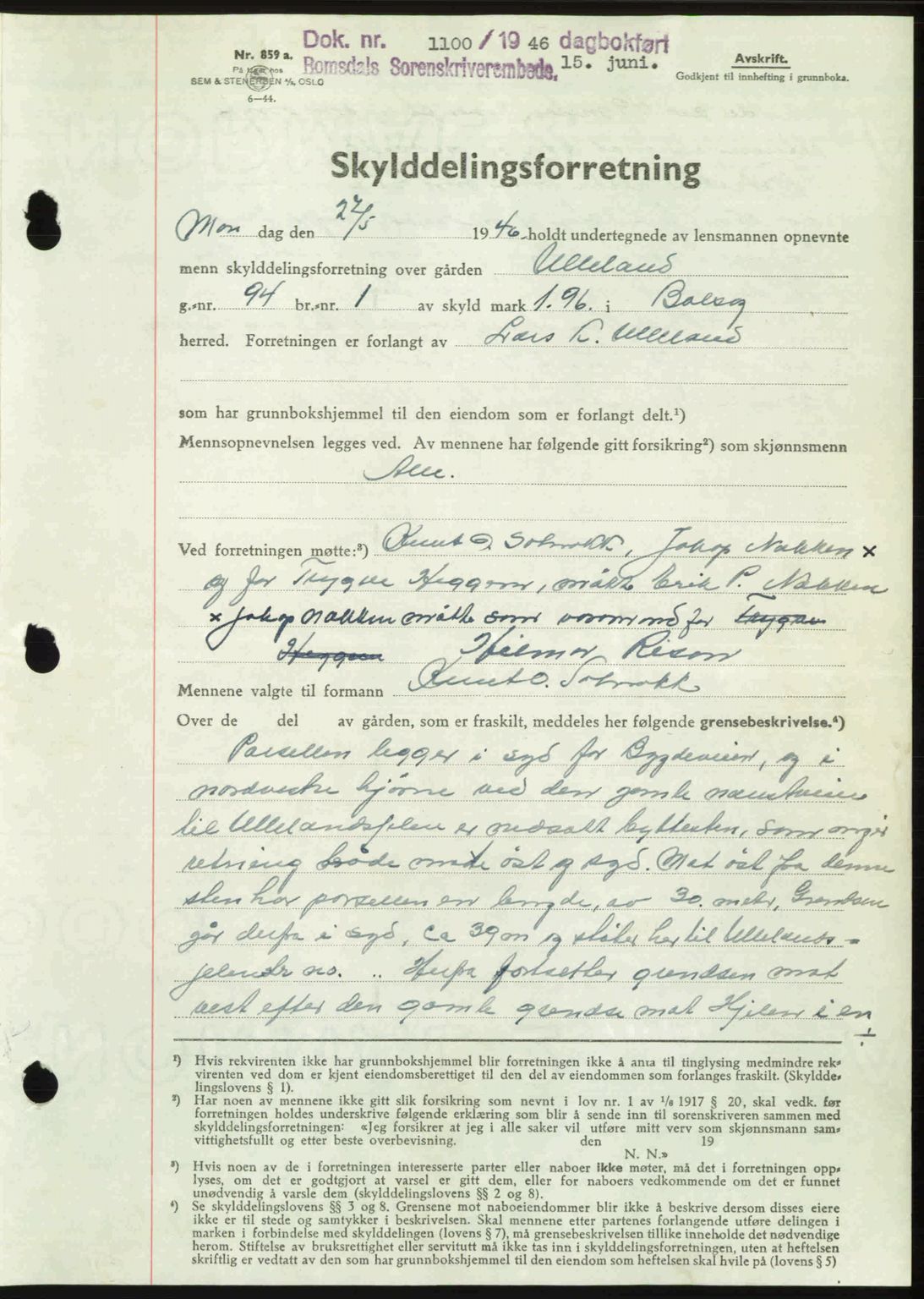 Romsdal sorenskriveri, AV/SAT-A-4149/1/2/2C: Mortgage book no. A20, 1946-1946, Diary no: : 1100/1946