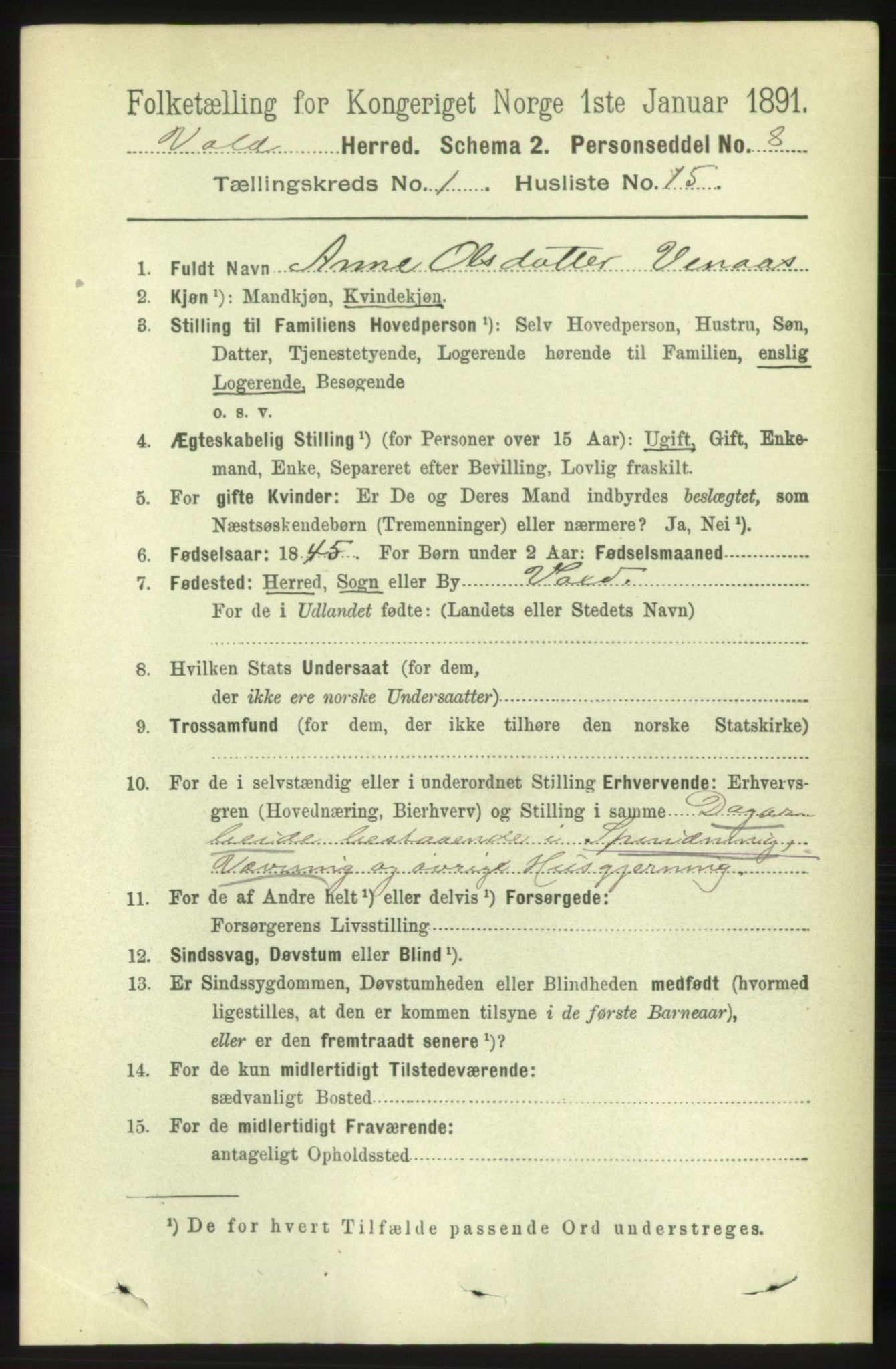 RA, 1891 census for 1537 Voll, 1891, p. 185