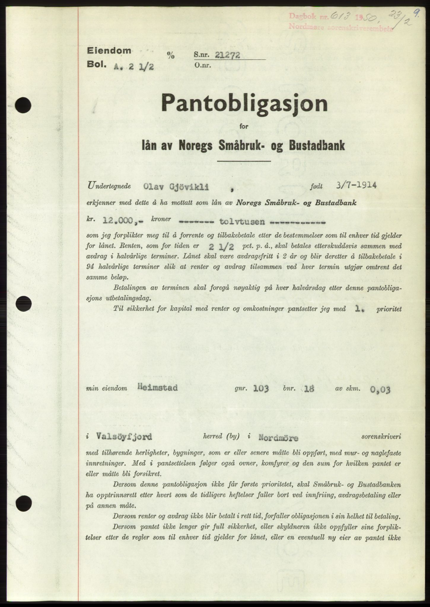 Nordmøre sorenskriveri, AV/SAT-A-4132/1/2/2Ca: Mortgage book no. B104, 1950-1950, Diary no: : 613/1950