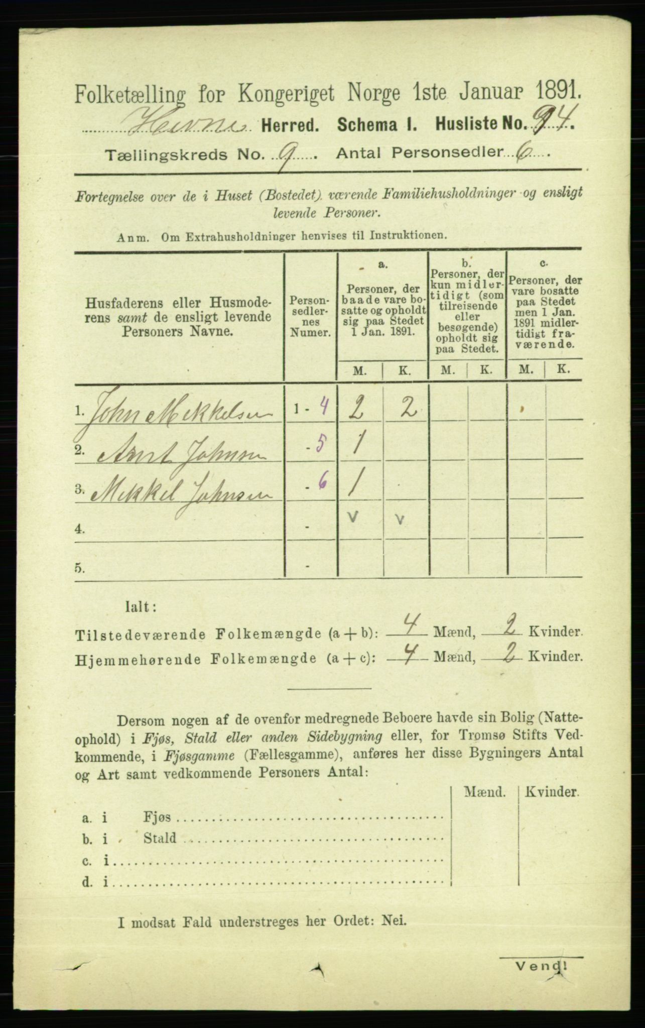 RA, 1891 census for 1612 Hemne, 1891, p. 5735