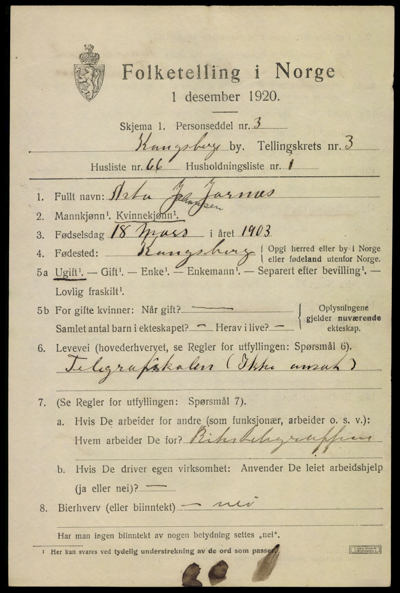 SAKO, 1920 census for Kongsberg, 1920, p. 10962