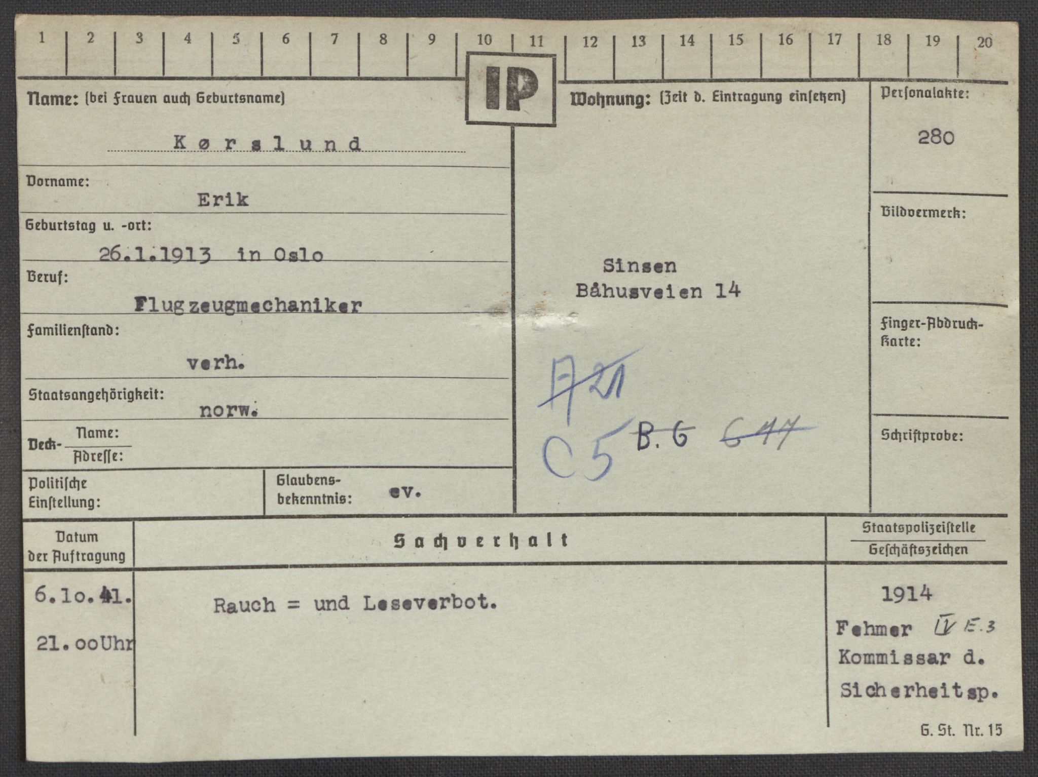 Befehlshaber der Sicherheitspolizei und des SD, AV/RA-RAFA-5969/E/Ea/Eaa/L0006: Register over norske fanger i Møllergata 19: Kj-Lund, 1940-1945, p. 592