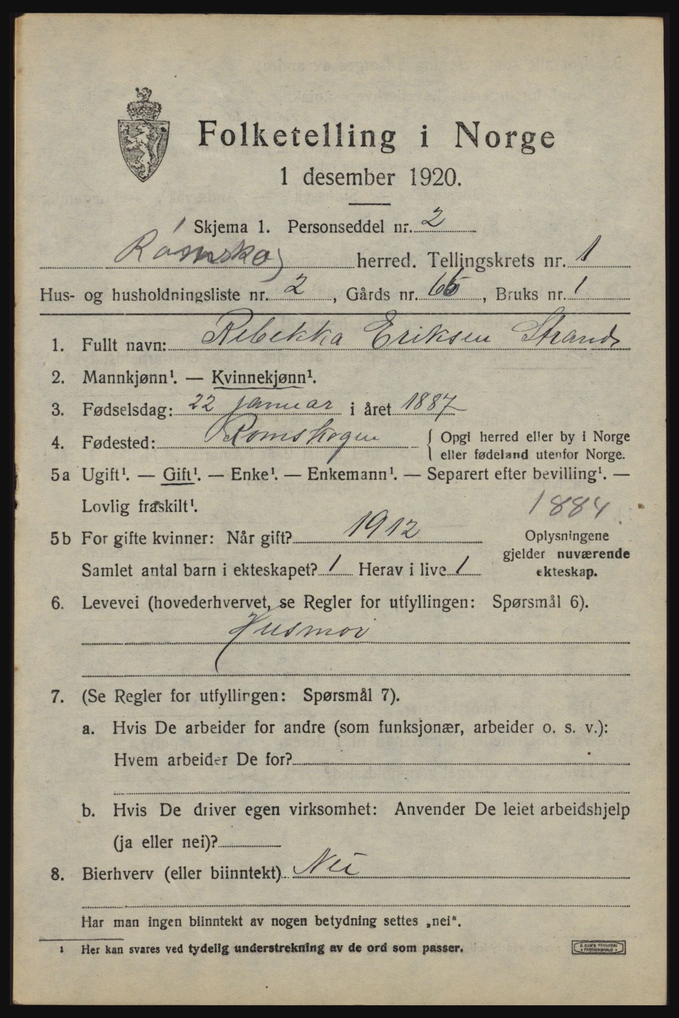 SAO, 1920 census for Rømskog, 1920, p. 234