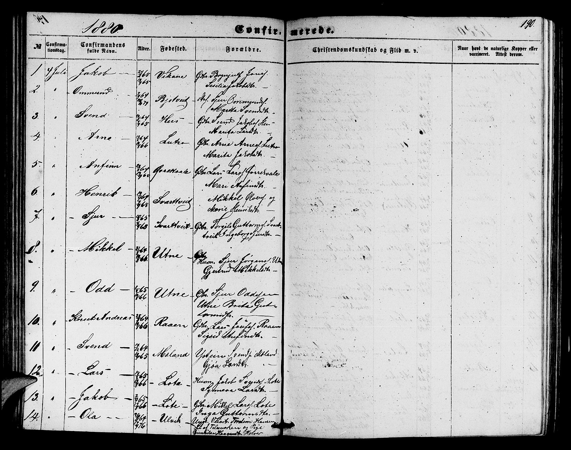Ullensvang sokneprestembete, SAB/A-78701/H/Hab: Parish register (copy) no. E 6, 1857-1886, p. 190