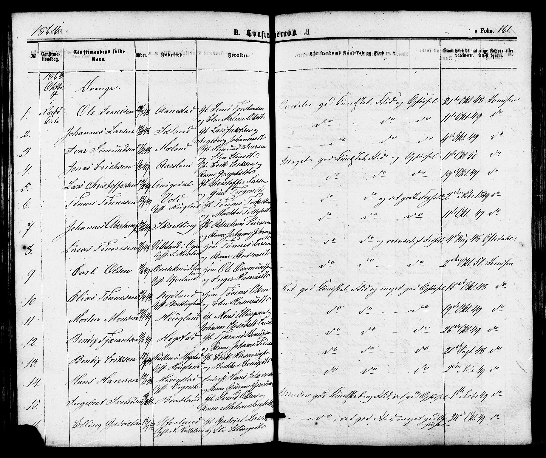 Hå sokneprestkontor, AV/SAST-A-101801/001/30BA/L0009: Parish register (official) no. A 8, 1855-1878, p. 161