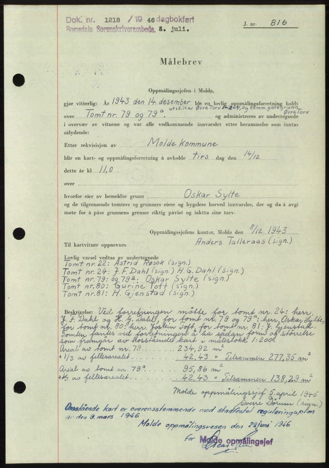 Romsdal sorenskriveri, AV/SAT-A-4149/1/2/2C: Mortgage book no. A20, 1946-1946, Diary no: : 1218/1946