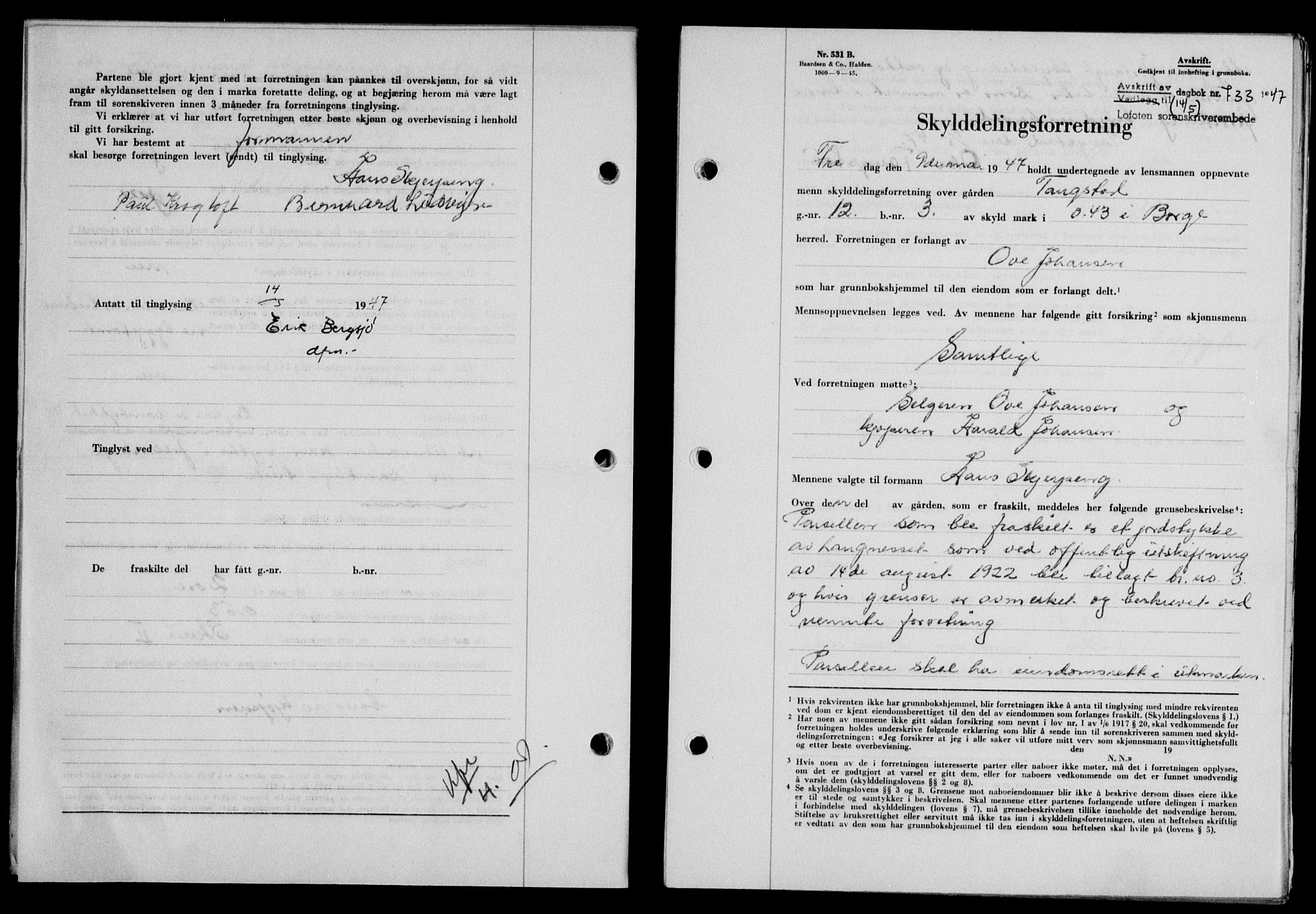 Lofoten sorenskriveri, SAT/A-0017/1/2/2C/L0016a: Mortgage book no. 16a, 1947-1947, Diary no: : 733/1947