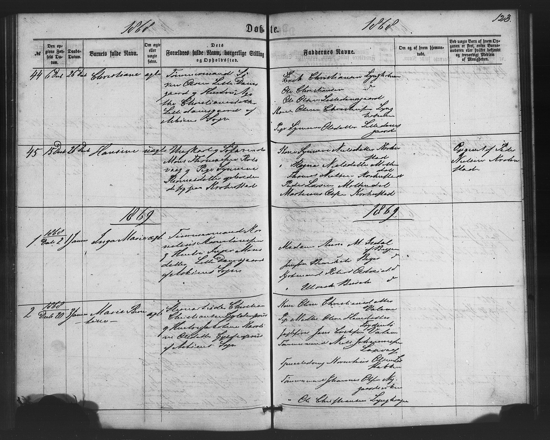 St. Jørgens hospital og Årstad sokneprestembete, AV/SAB-A-99934: Parish register (copy) no. A 3, 1863-1872, p. 123