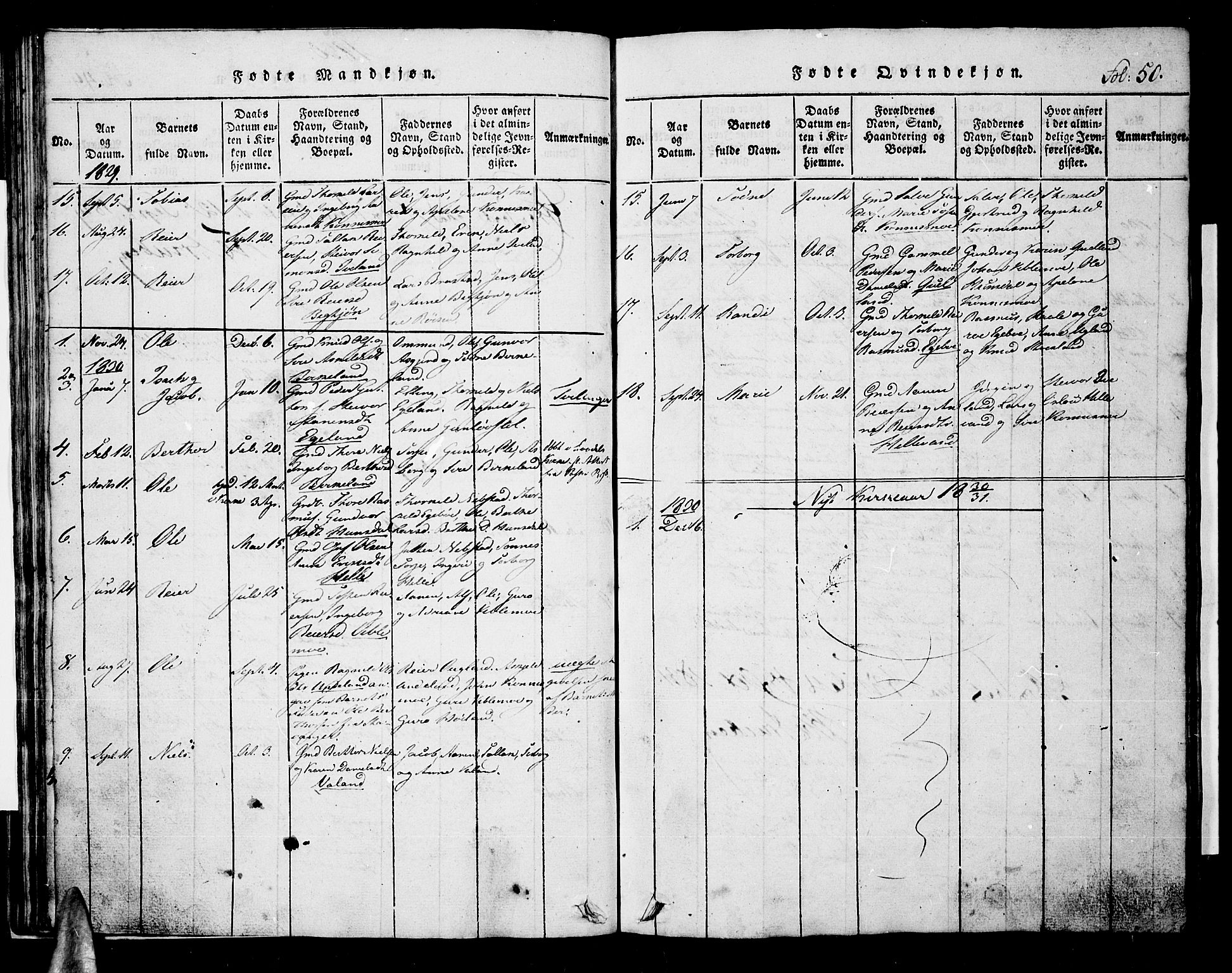 Nord-Audnedal sokneprestkontor, SAK/1111-0032/F/Fb/Fba/L0001: Parish register (copy) no. B 1, 1815-1856, p. 50