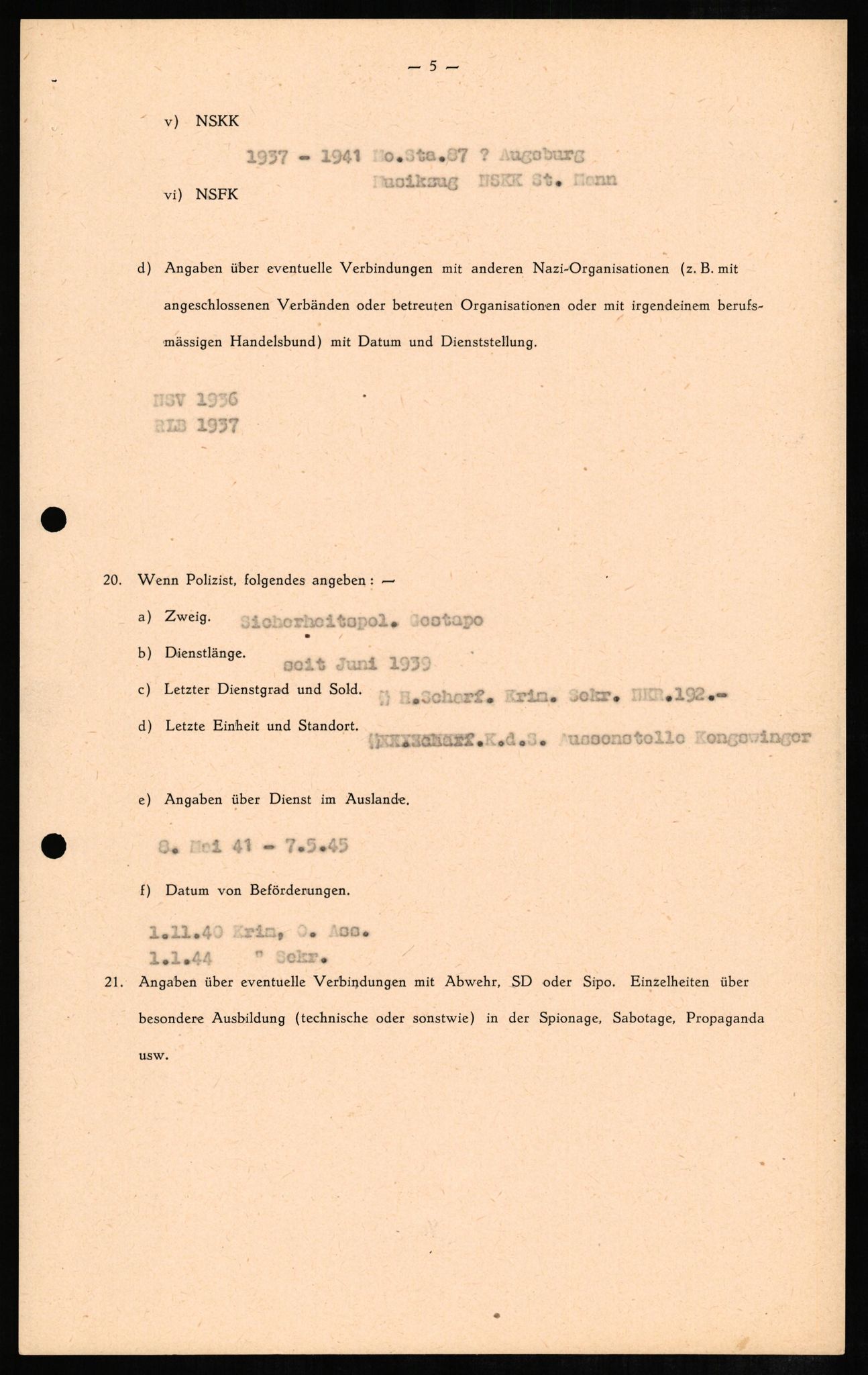 Forsvaret, Forsvarets overkommando II, RA/RAFA-3915/D/Db/L0006: CI Questionaires. Tyske okkupasjonsstyrker i Norge. Tyskere., 1945-1946, p. 52