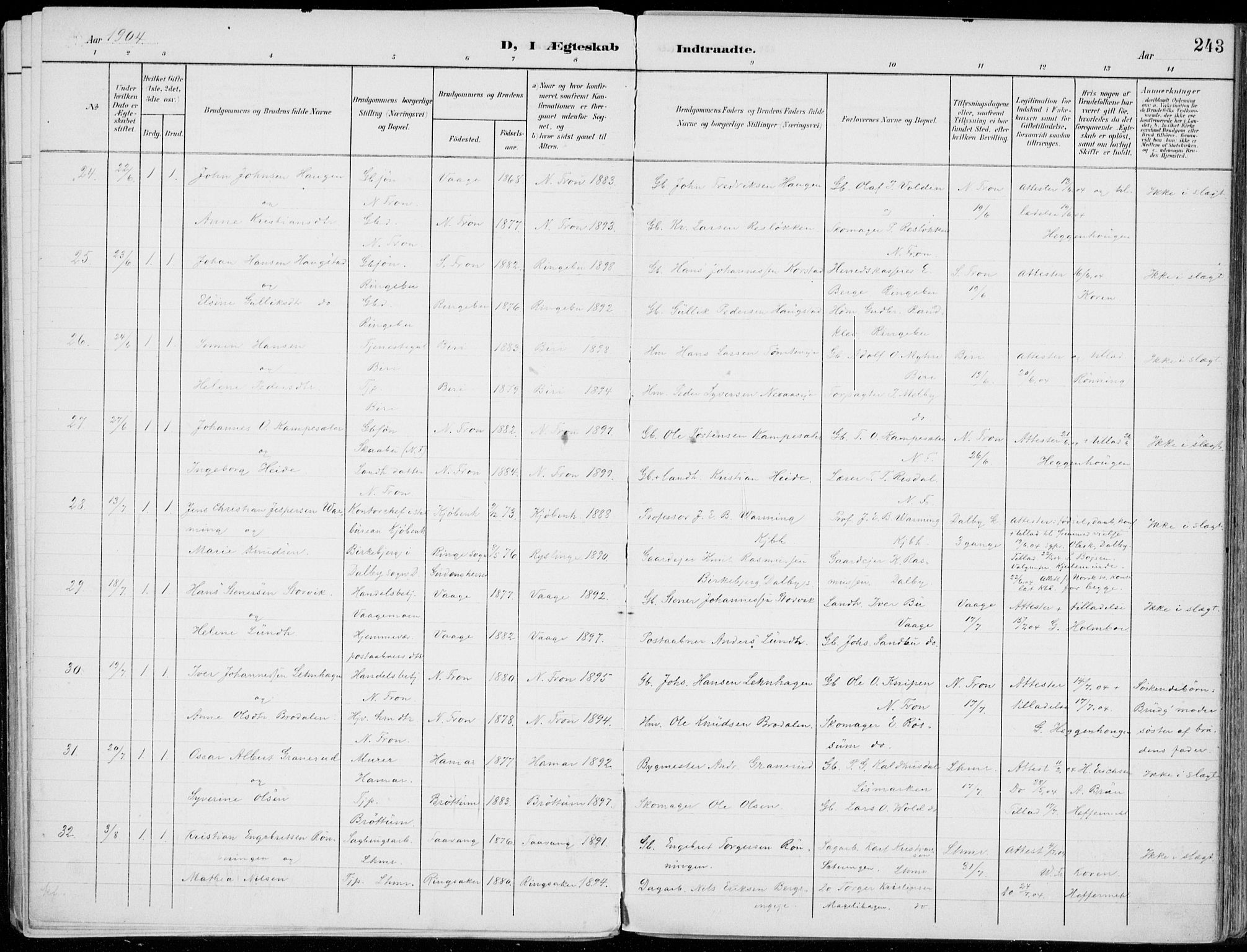 Lillehammer prestekontor, AV/SAH-PREST-088/H/Ha/Haa/L0001: Parish register (official) no. 1, 1901-1916, p. 243