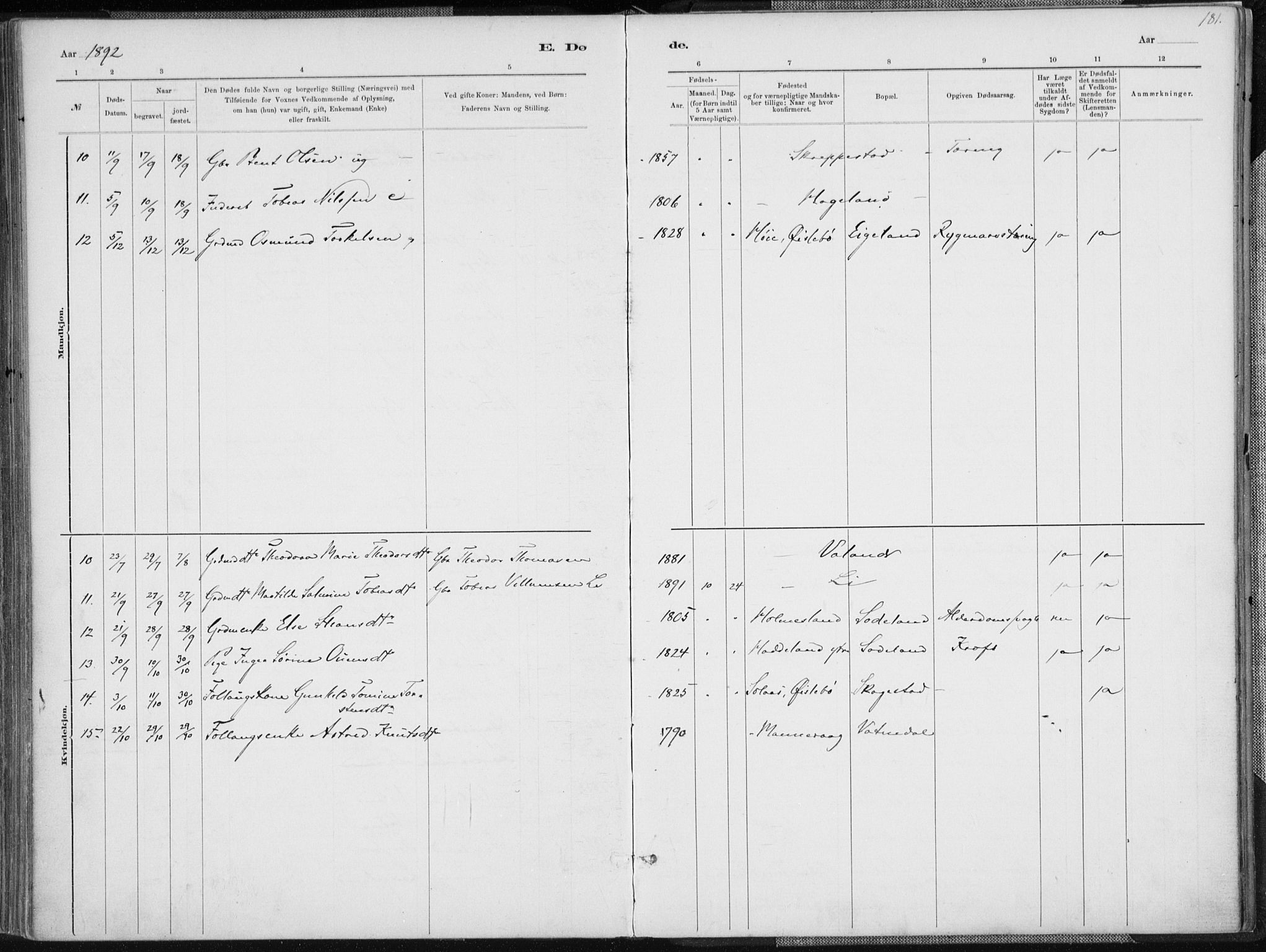Holum sokneprestkontor, SAK/1111-0022/F/Fa/Faa/L0007: Parish register (official) no. A 7, 1884-1907, p. 181