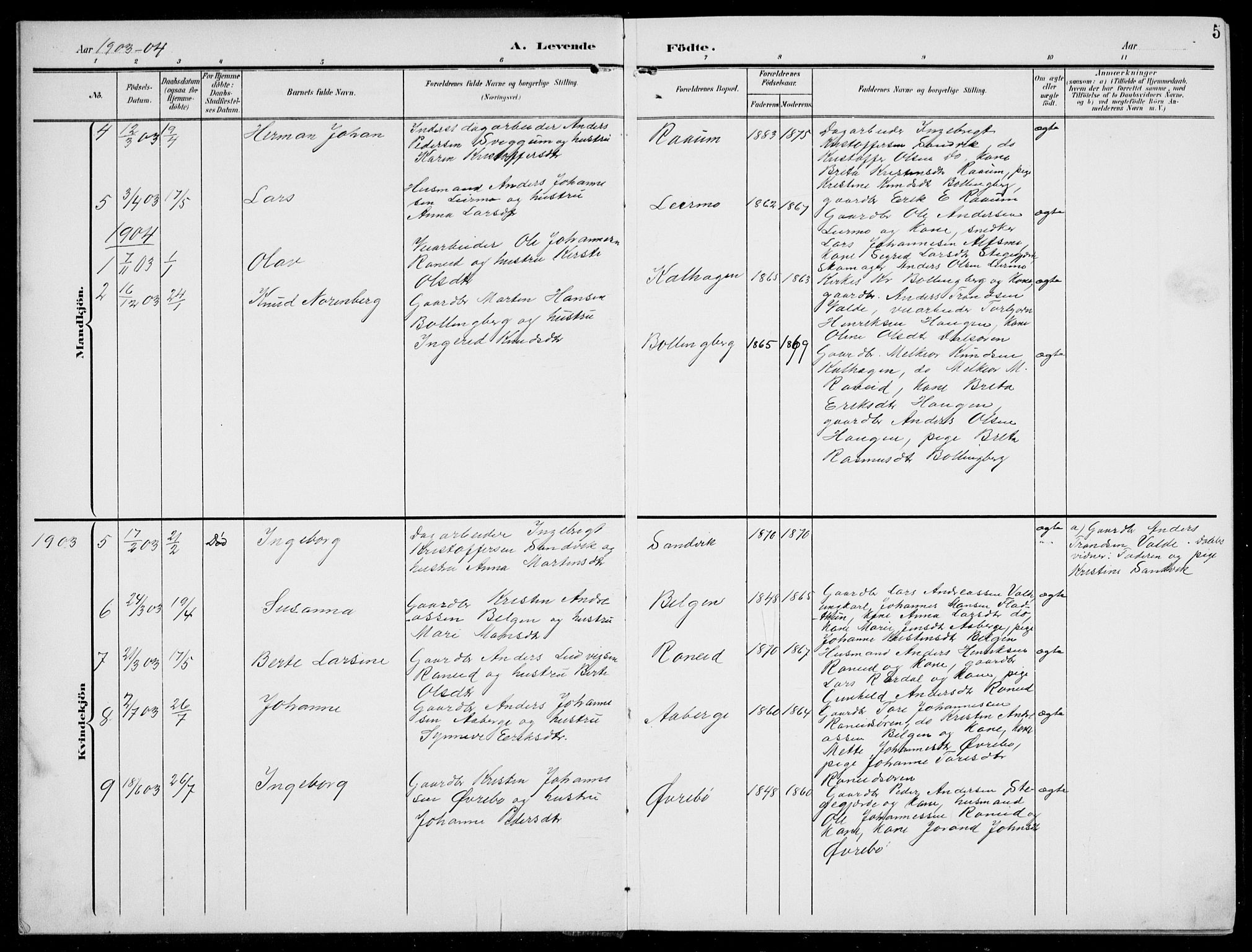 Jostedal sokneprestembete, SAB/A-80601/H/Hab/Habc/L0001: Parish register (copy) no. C 1, 1903-1939, p. 5