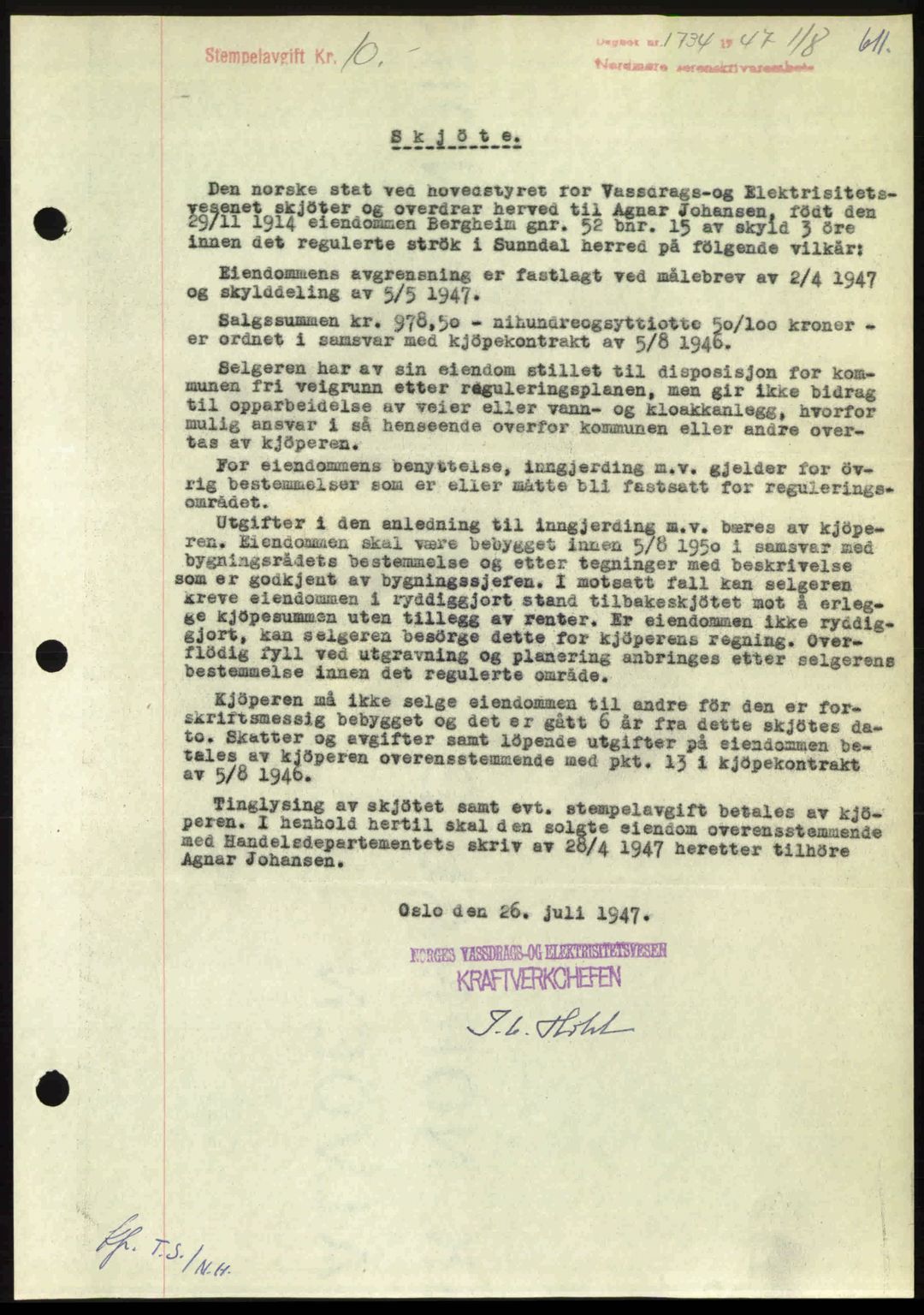 Nordmøre sorenskriveri, AV/SAT-A-4132/1/2/2Ca: Mortgage book no. A105, 1947-1947, Diary no: : 1734/1947