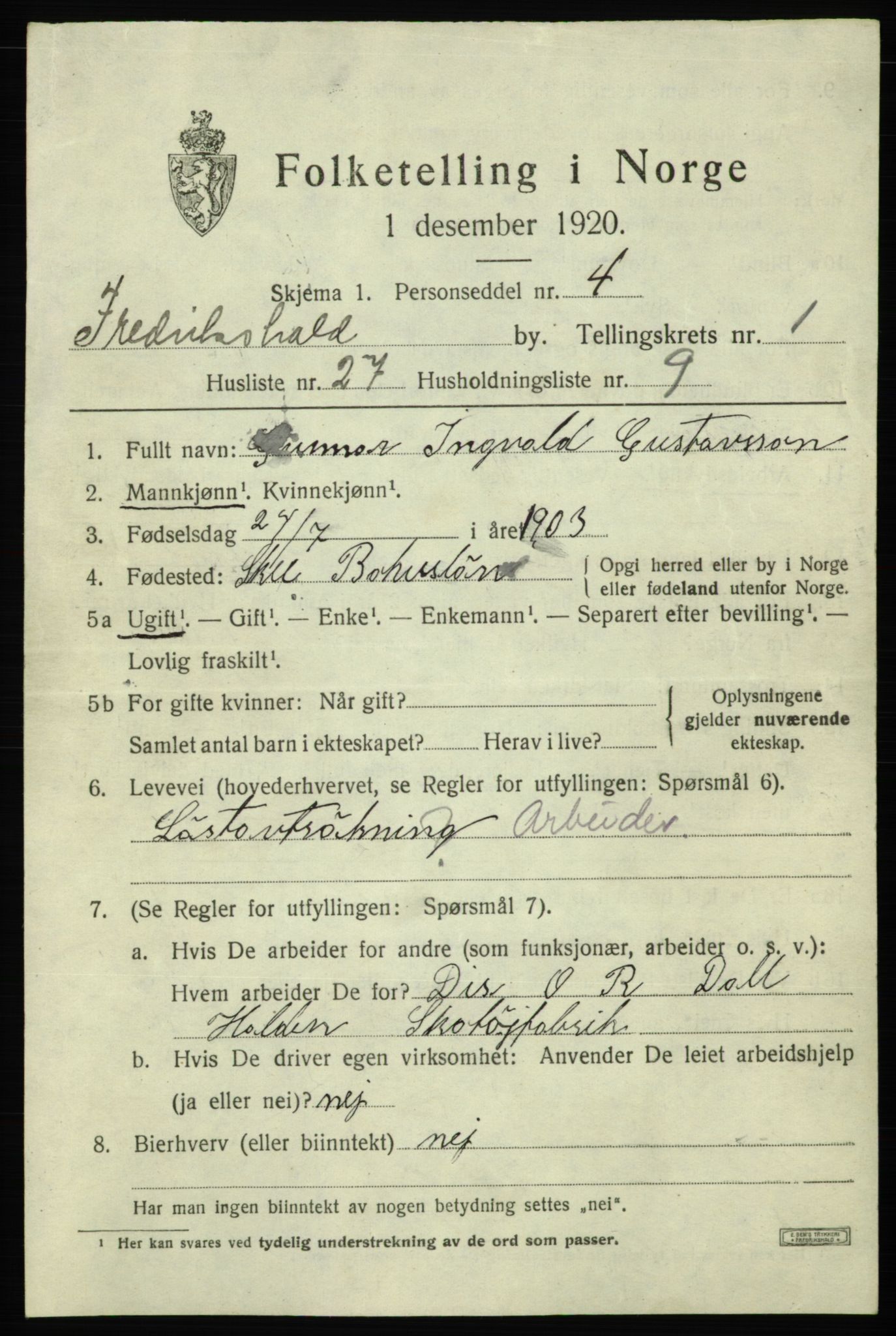 SAO, 1920 census for Fredrikshald, 1920, p. 8592