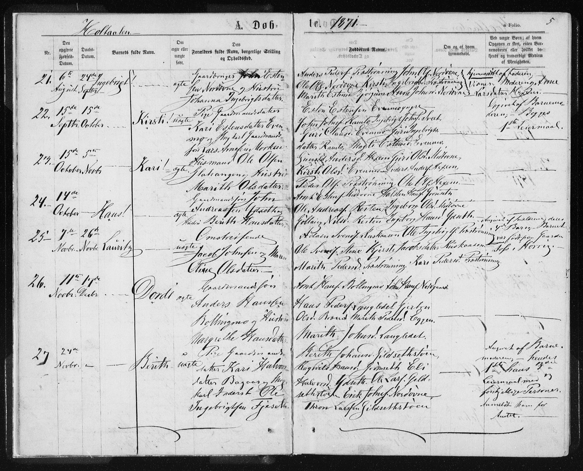 Ministerialprotokoller, klokkerbøker og fødselsregistre - Sør-Trøndelag, SAT/A-1456/685/L0969: Parish register (official) no. 685A08 /1, 1870-1878, p. 5