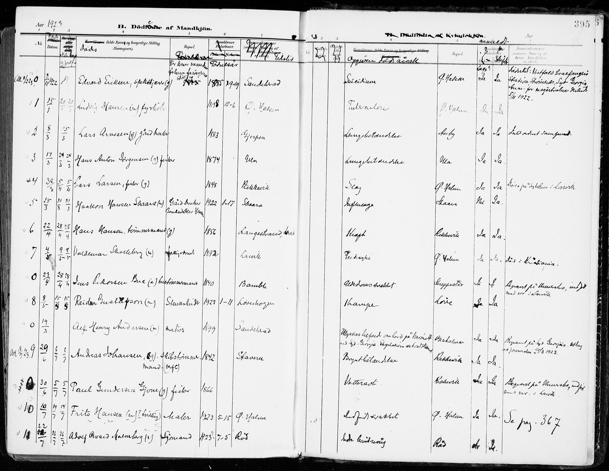 Tjølling kirkebøker, SAKO/A-60/F/Fa/L0010: Parish register (official) no. 10, 1906-1923, p. 395