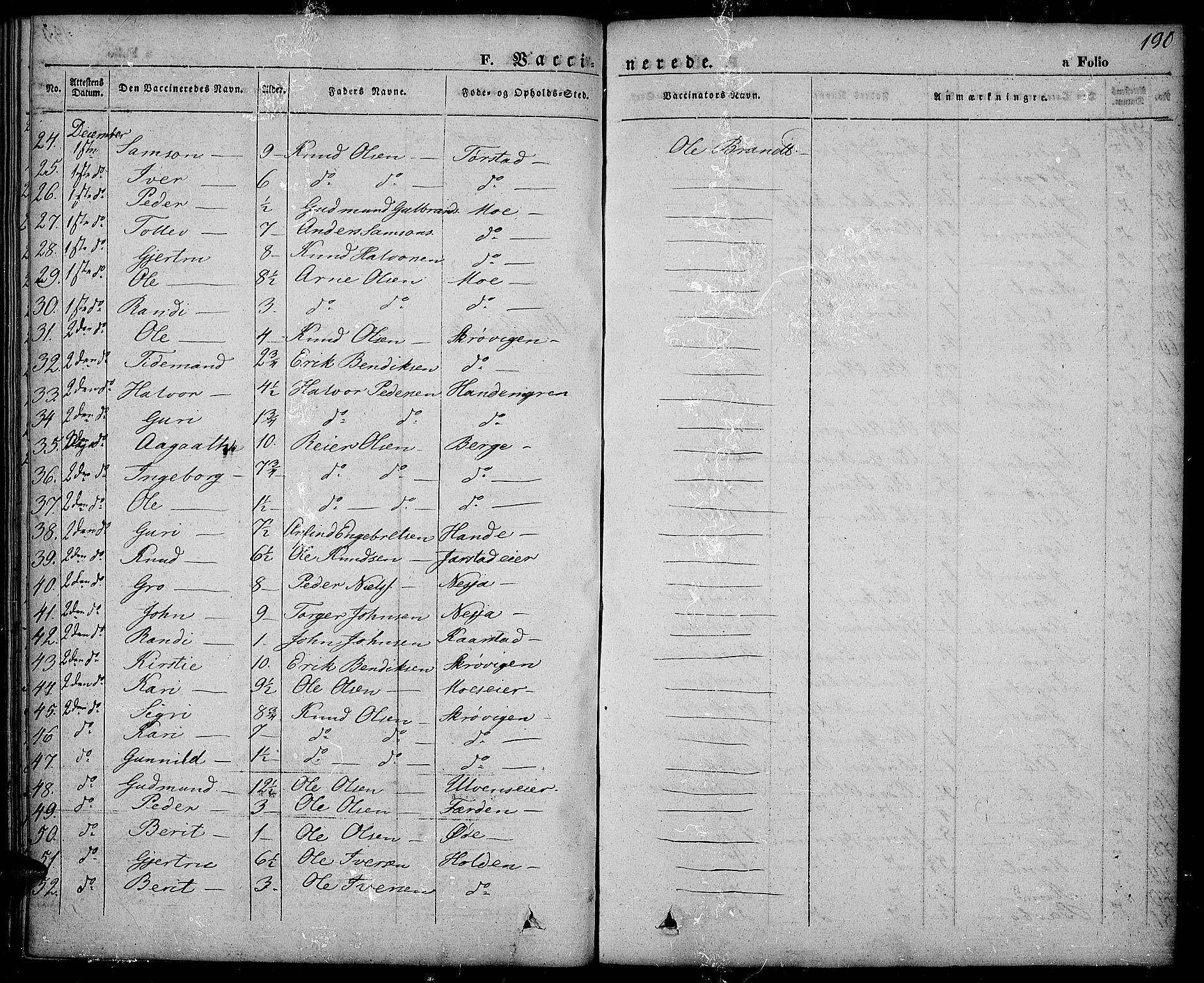 Slidre prestekontor, SAH/PREST-134/H/Ha/Haa/L0003: Parish register (official) no. 3, 1831-1843, p. 190