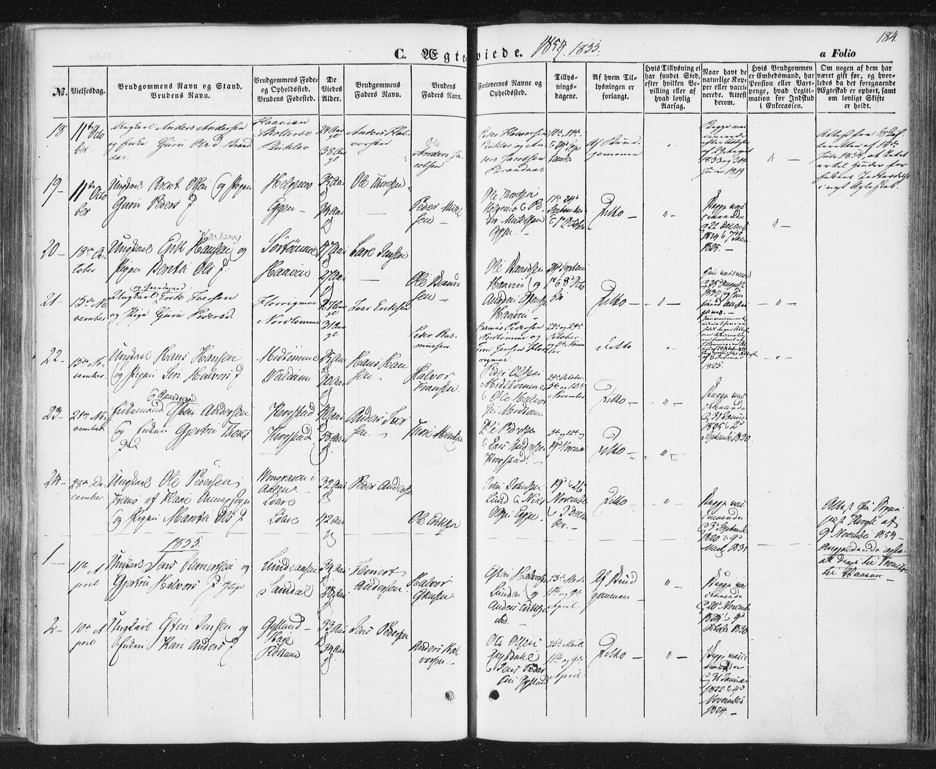 Ministerialprotokoller, klokkerbøker og fødselsregistre - Sør-Trøndelag, SAT/A-1456/692/L1103: Parish register (official) no. 692A03, 1849-1870, p. 184