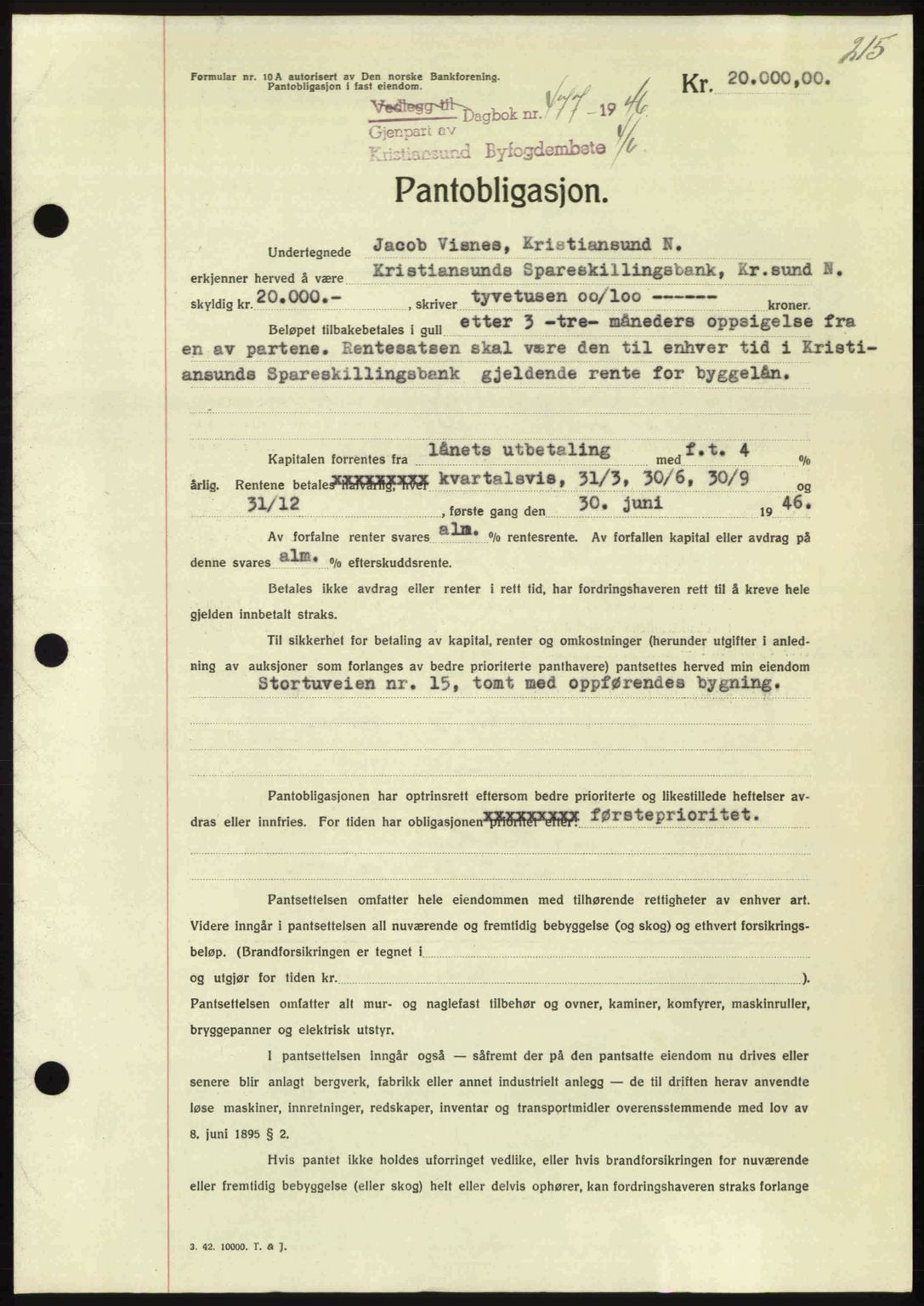 Kristiansund byfogd, AV/SAT-A-4587/A/27: Mortgage book no. 40, 1946-1946, Diary no: : 477/1946