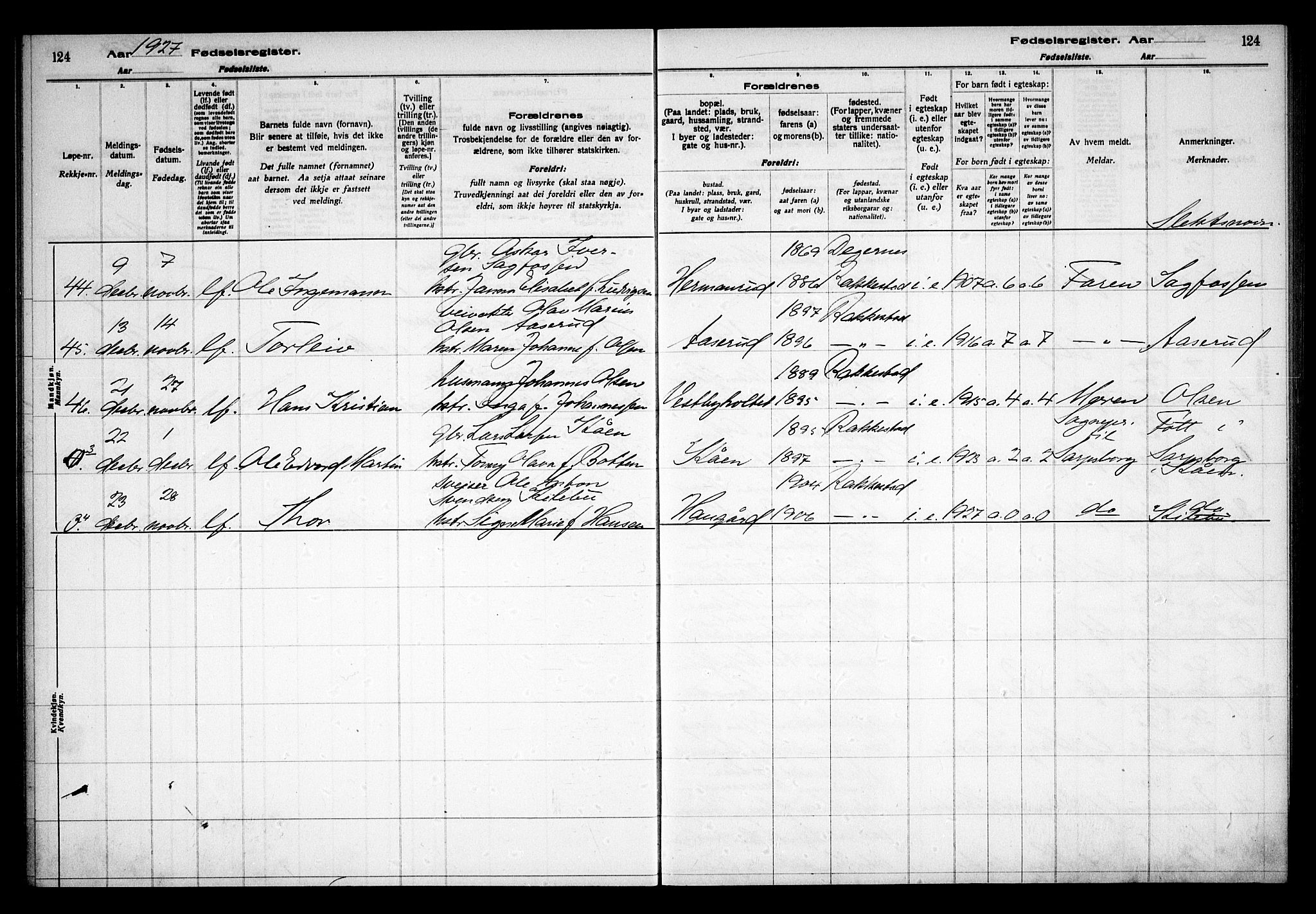 Rakkestad prestekontor Kirkebøker, AV/SAO-A-2008/J/Ja/L0001: Birth register no. I 1, 1916-1936, p. 124