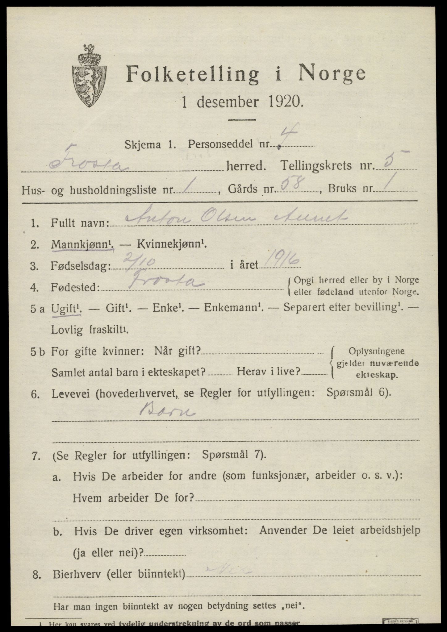 SAT, 1920 census for Frosta, 1920, p. 5842