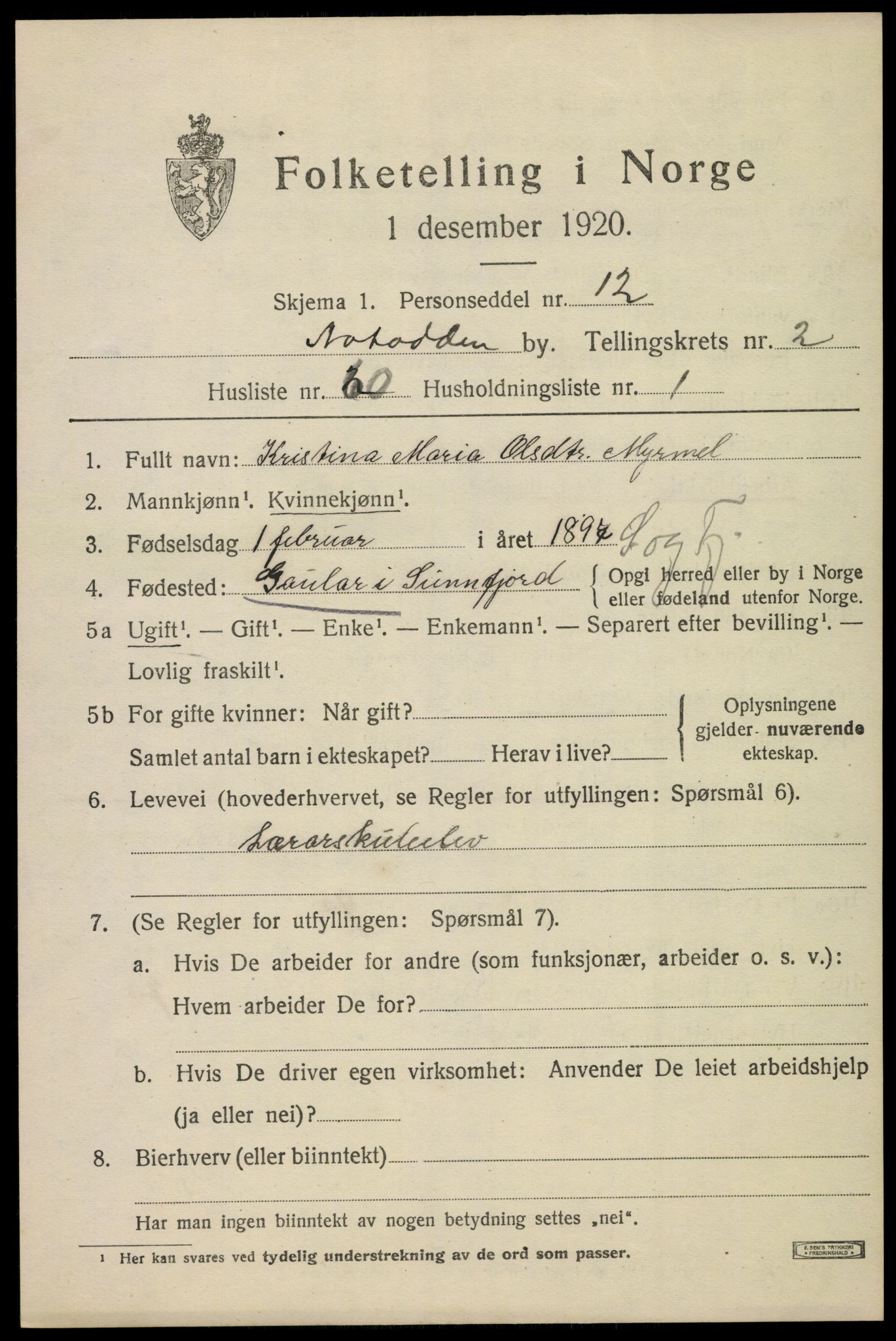 SAKO, 1920 census for Notodden, 1920, p. 7570