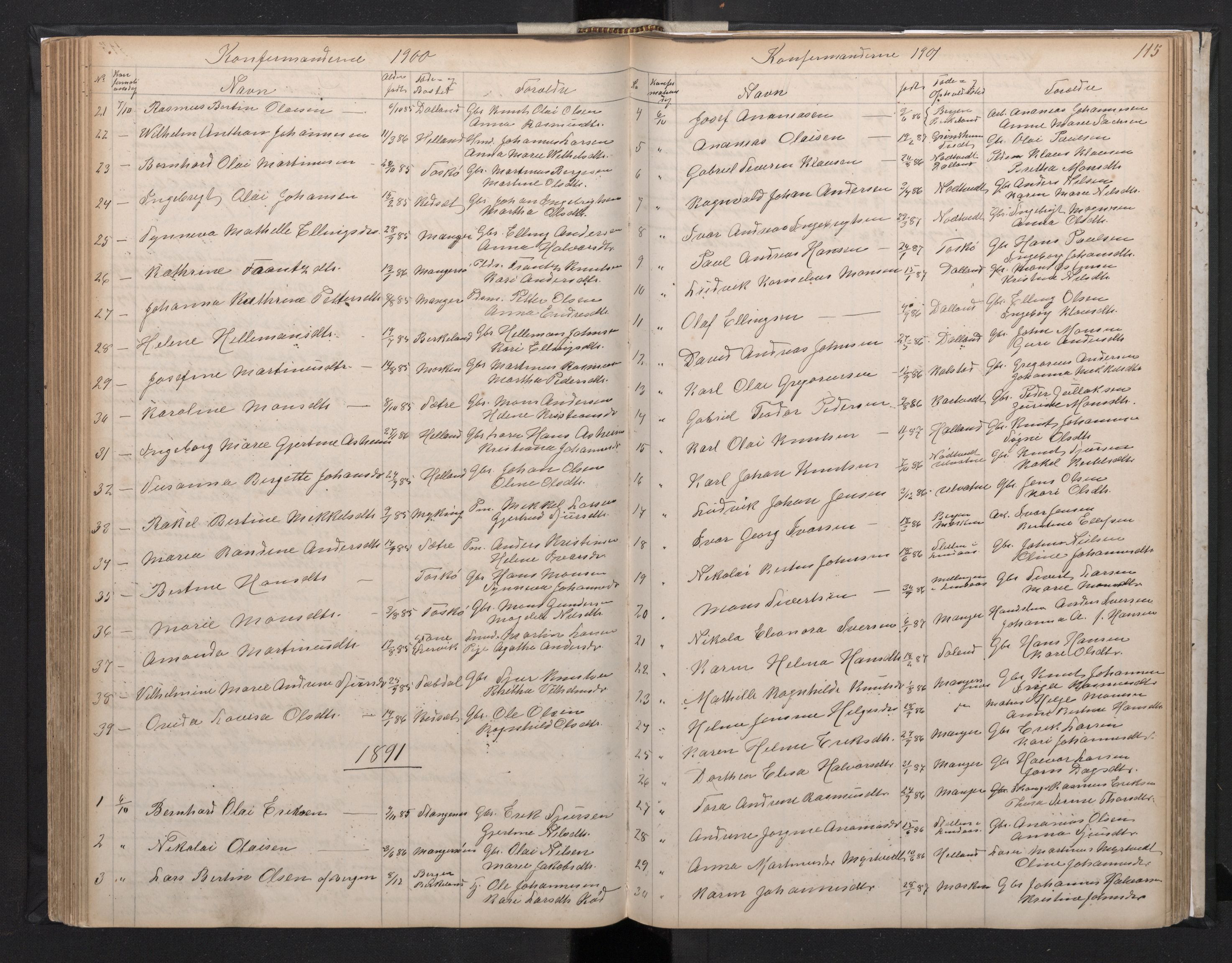 Manger sokneprestembete, SAB/A-76801/H/Hab: Parish register (copy) no. A 1, 1874-1901, p. 114b-115a