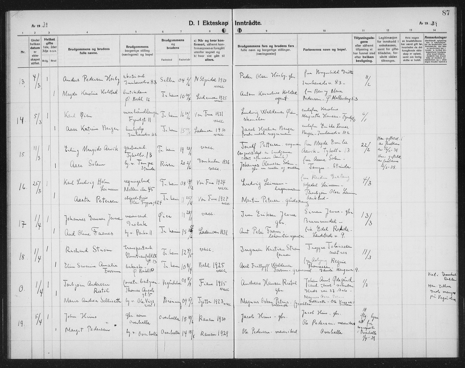 Ministerialprotokoller, klokkerbøker og fødselsregistre - Sør-Trøndelag, AV/SAT-A-1456/602/L0152: Parish register (copy) no. 602C20, 1933-1940, p. 87