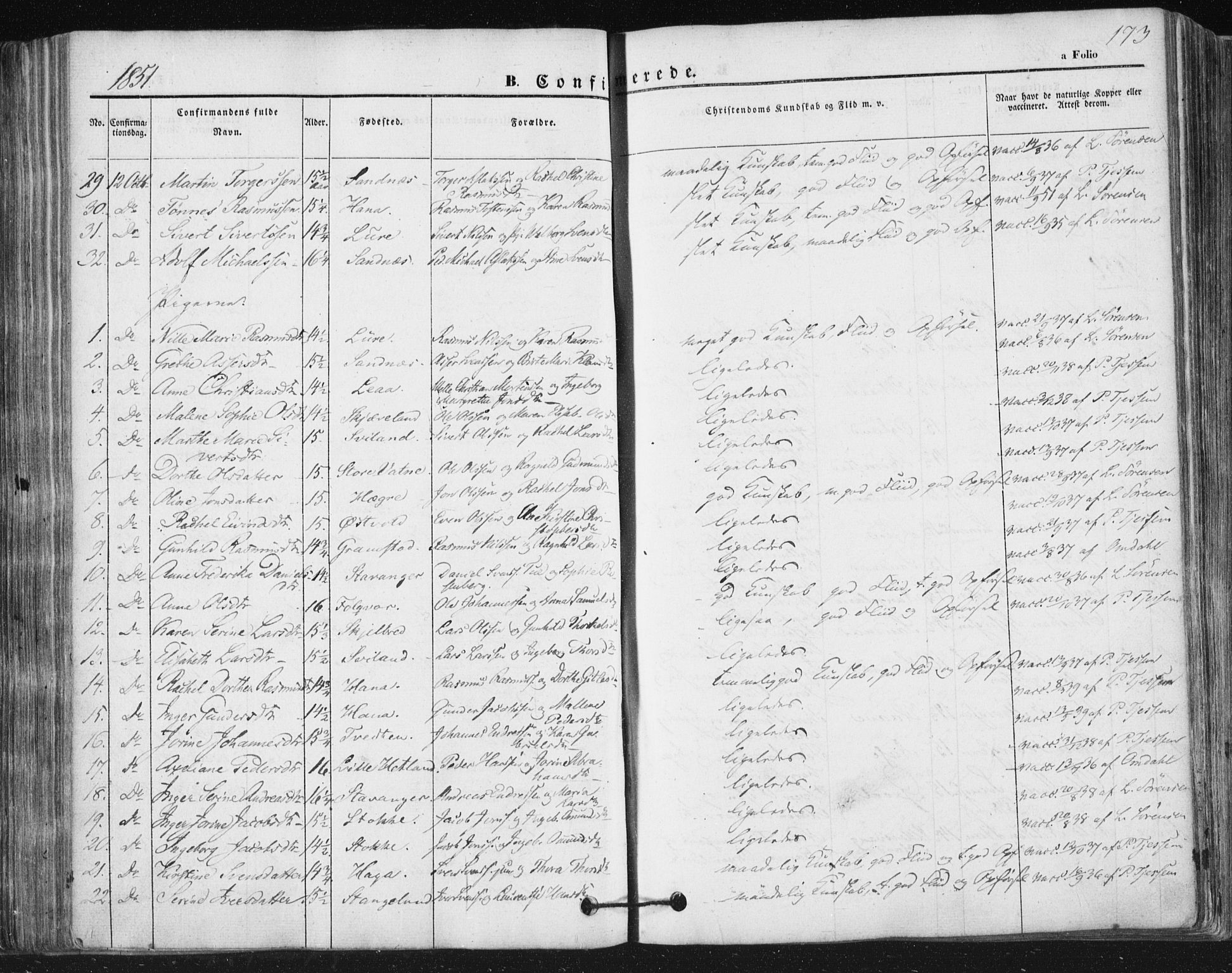 Høyland sokneprestkontor, SAST/A-101799/001/30BA/L0008: Parish register (official) no. A 8, 1841-1856, p. 173