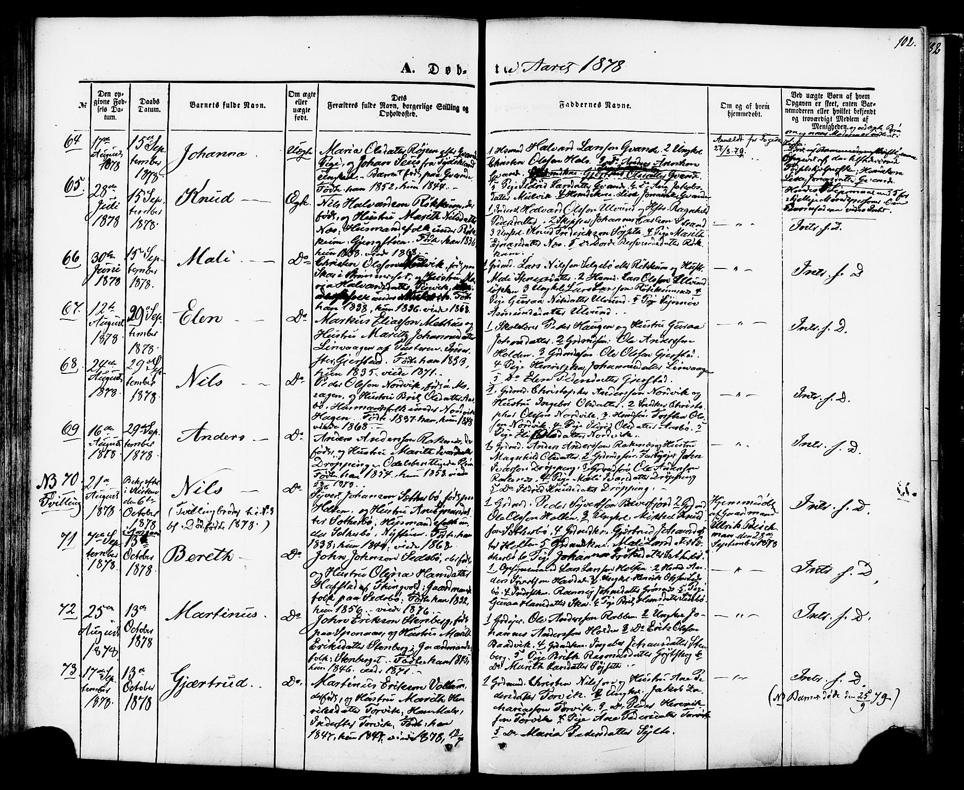 Ministerialprotokoller, klokkerbøker og fødselsregistre - Møre og Romsdal, AV/SAT-A-1454/592/L1027: Parish register (official) no. 592A05, 1865-1878, p. 102