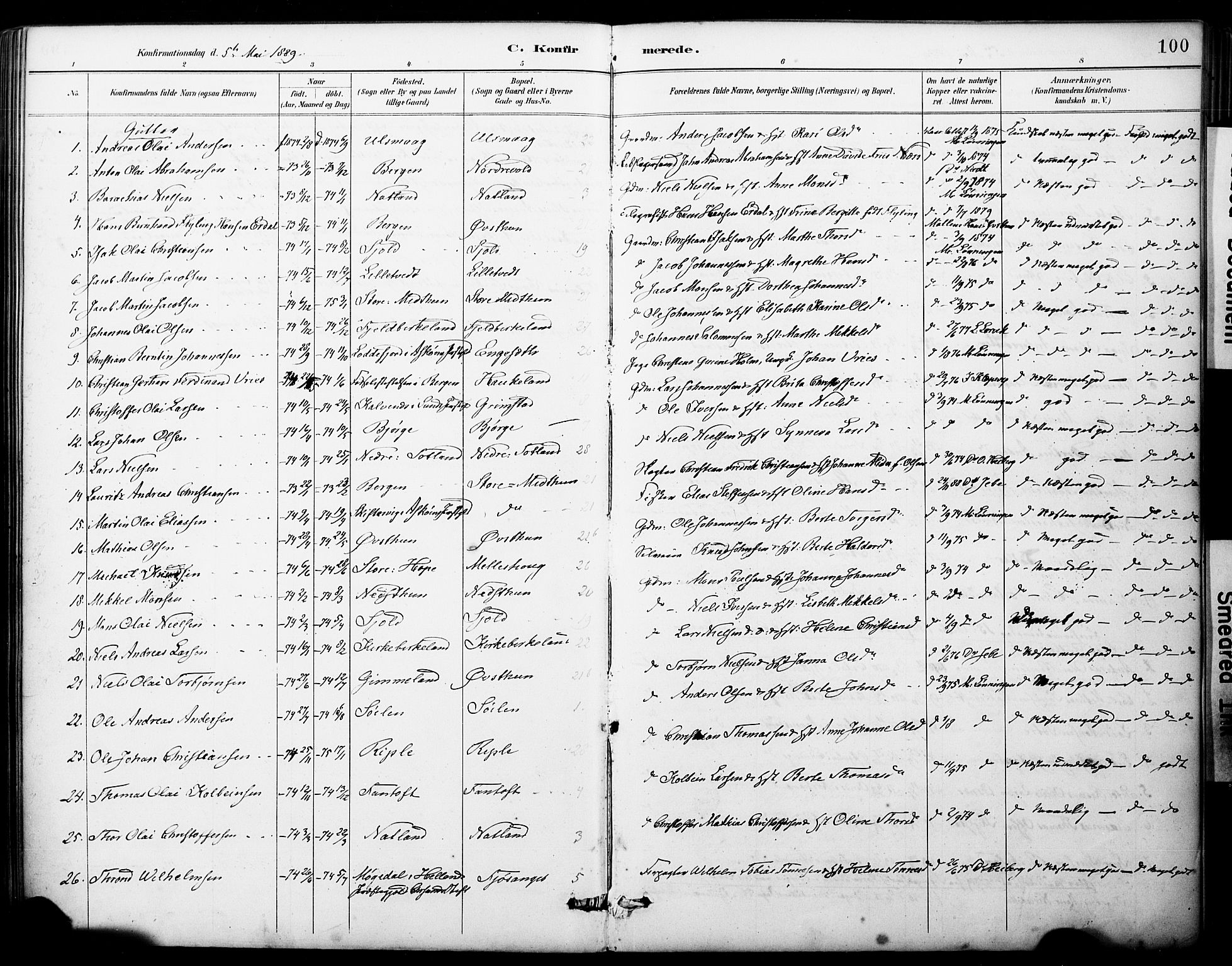 Fana Sokneprestembete, SAB/A-75101/H/Haa/Haai/L0002: Parish register (official) no. I 2, 1888-1899, p. 100