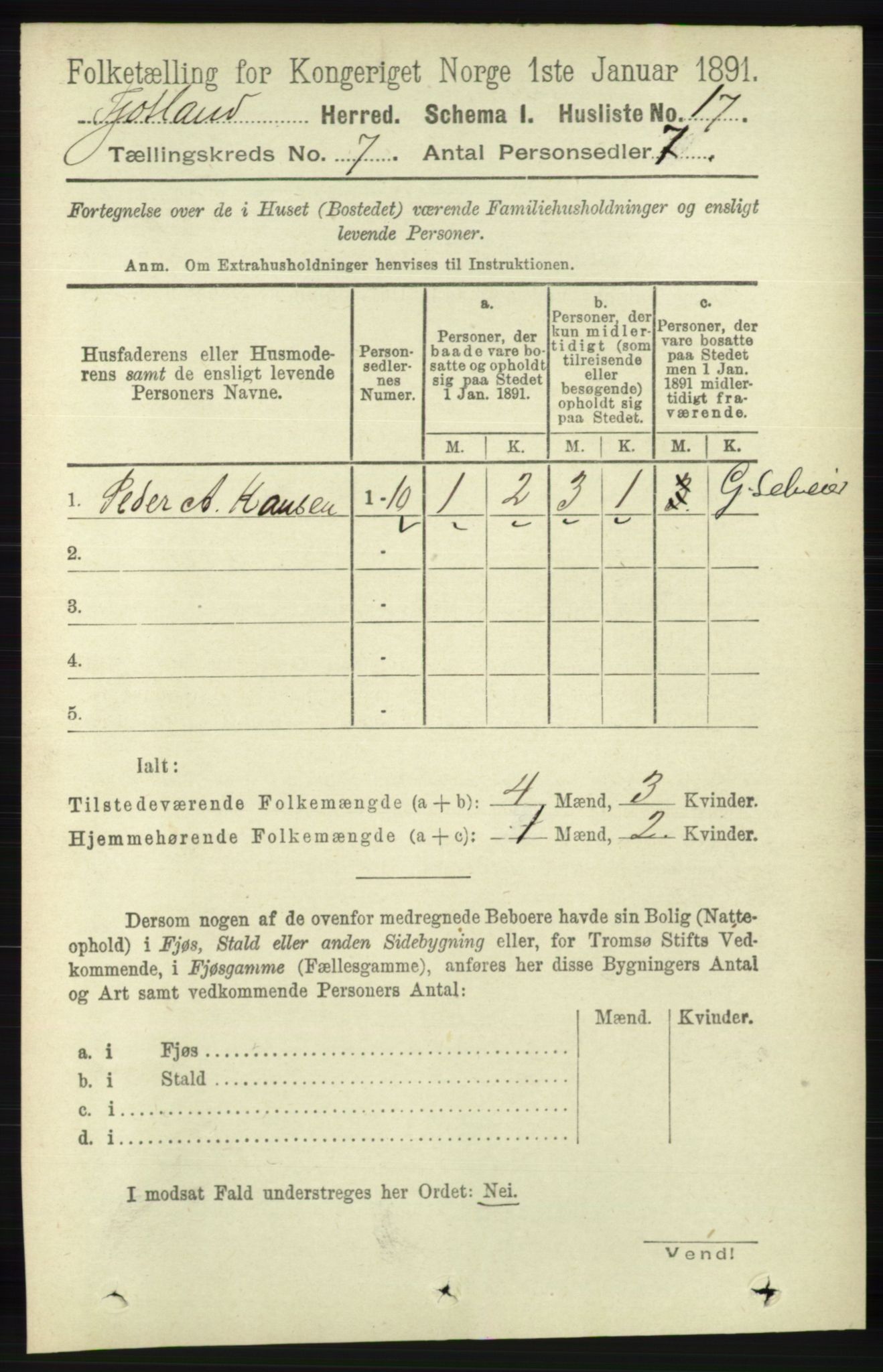 RA, 1891 census for 1036 Fjotland, 1891, p. 1011