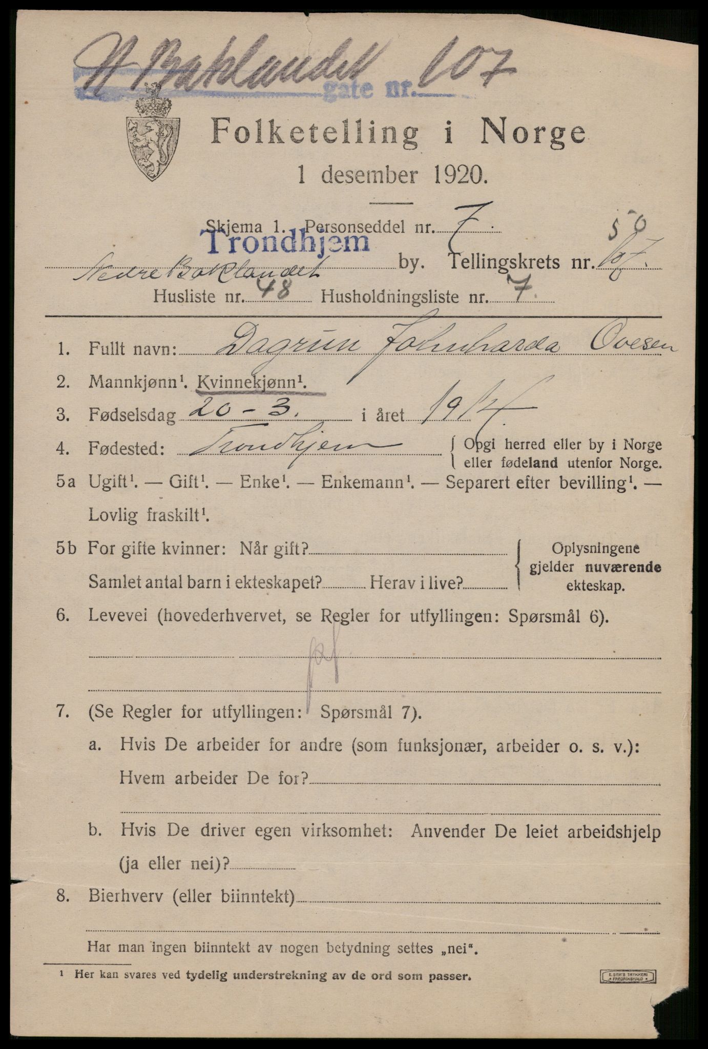 SAT, 1920 census for Trondheim, 1920, p. 105076