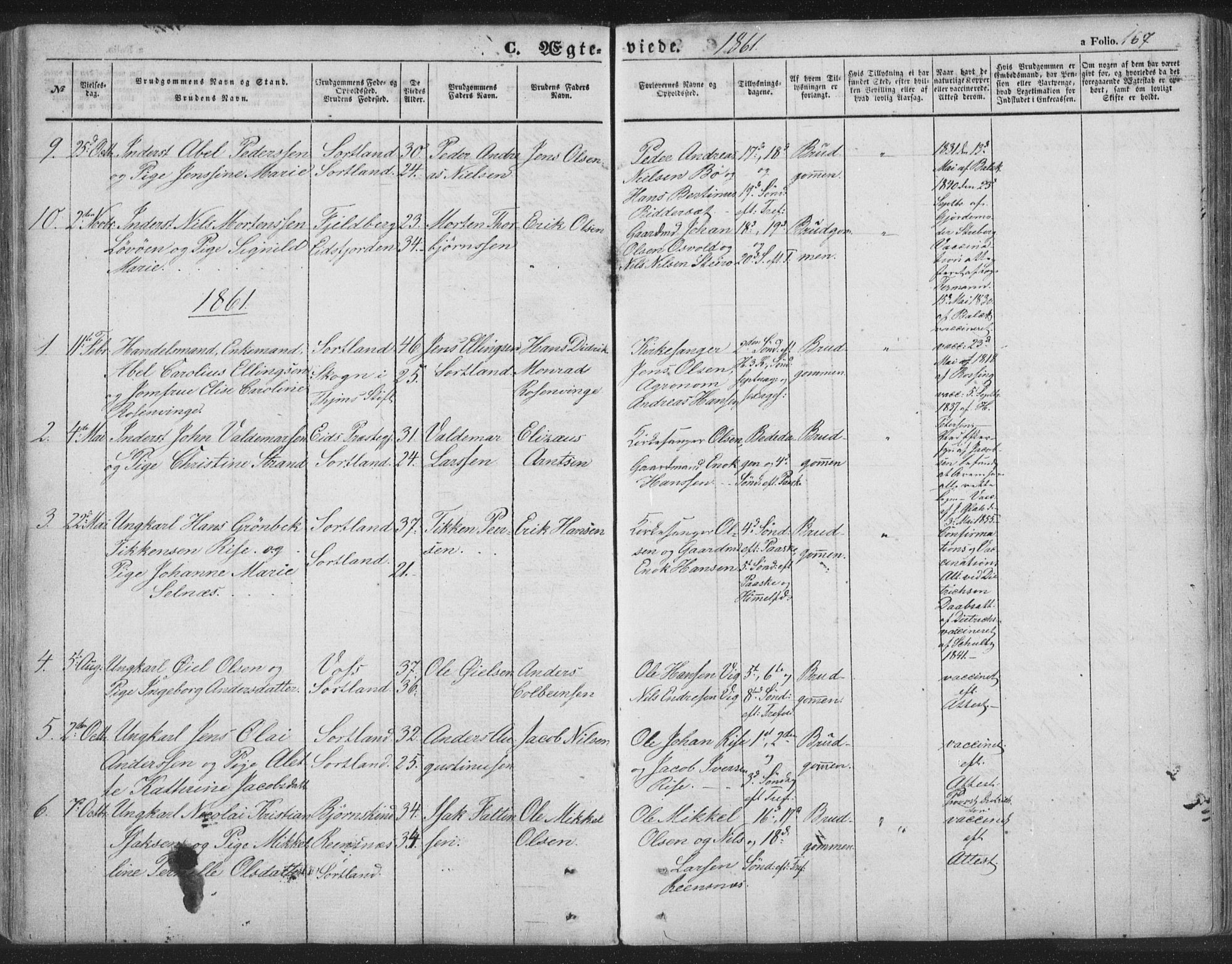 Ministerialprotokoller, klokkerbøker og fødselsregistre - Nordland, SAT/A-1459/895/L1369: Parish register (official) no. 895A04, 1852-1872, p. 167