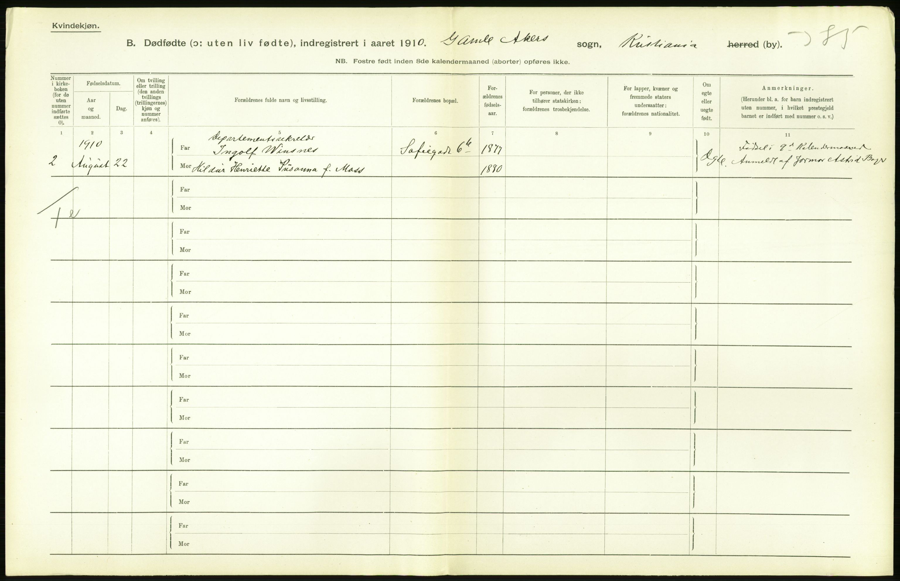 Statistisk sentralbyrå, Sosiodemografiske emner, Befolkning, AV/RA-S-2228/D/Df/Dfa/Dfah/L0009: Kristiania: Gifte og dødfødte., 1910, p. 826