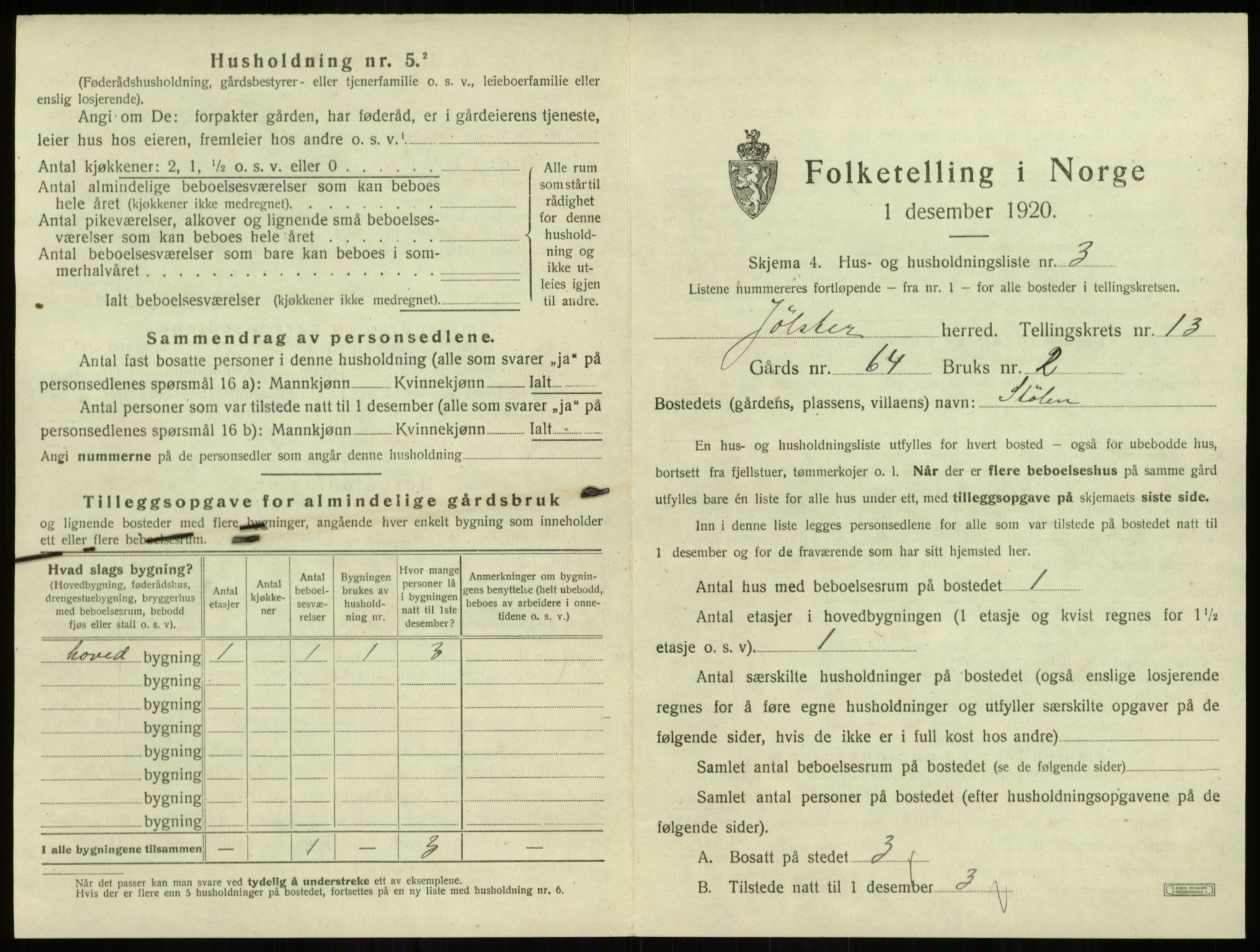 SAB, 1920 census for Jølster, 1920, p. 853