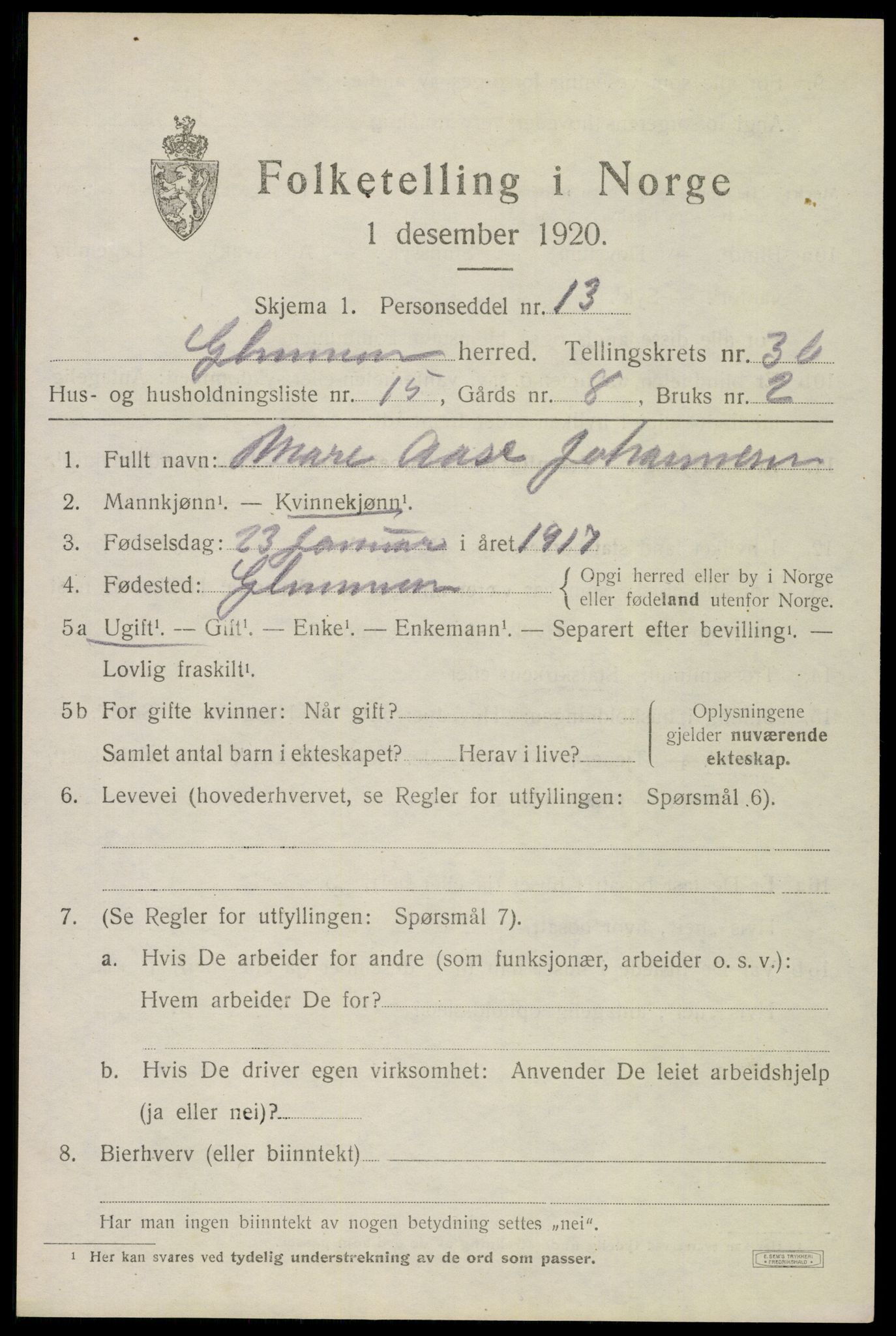 SAO, 1920 census for Glemmen, 1920, p. 9333