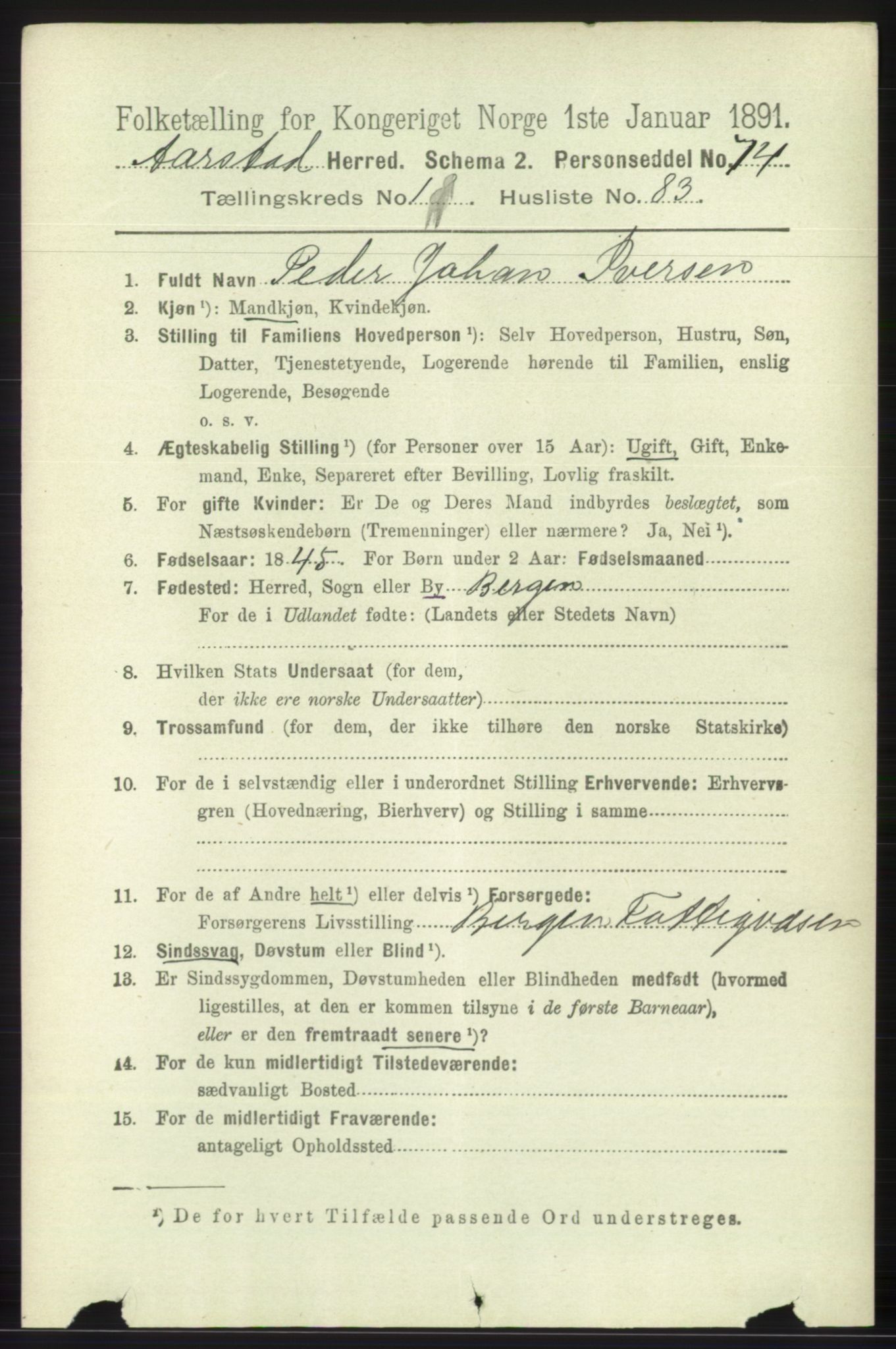 SAB, 1891 Census for 1280 Årstad, 1891, p. 1043