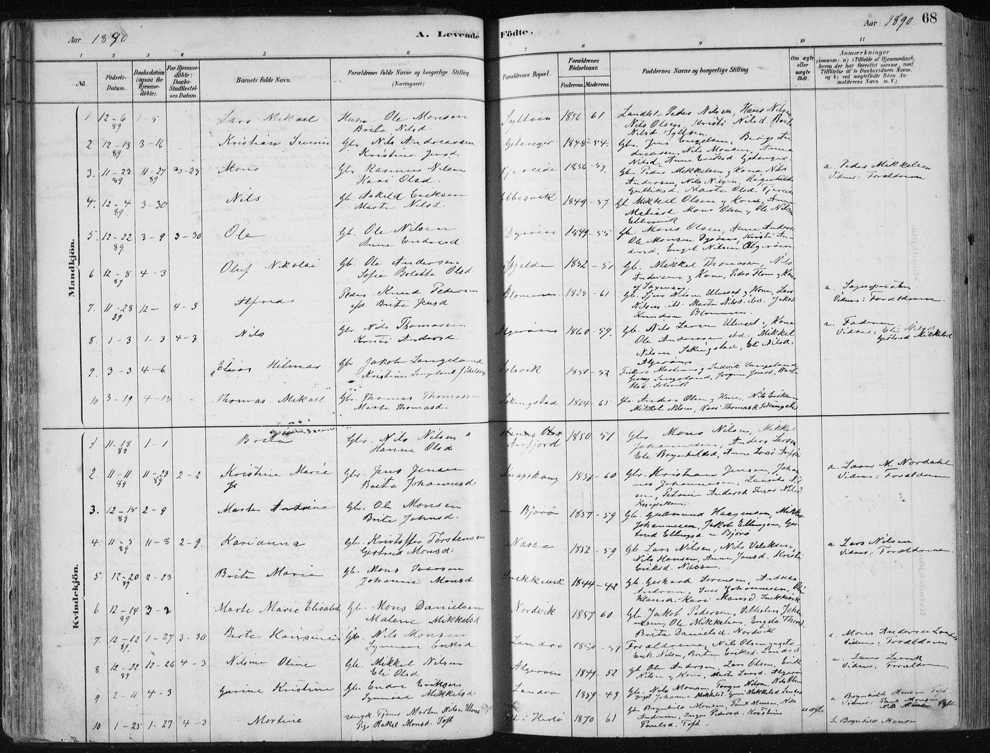 Fjell sokneprestembete, SAB/A-75301/H/Haa: Parish register (official) no. A  8, 1878-1898, p. 68