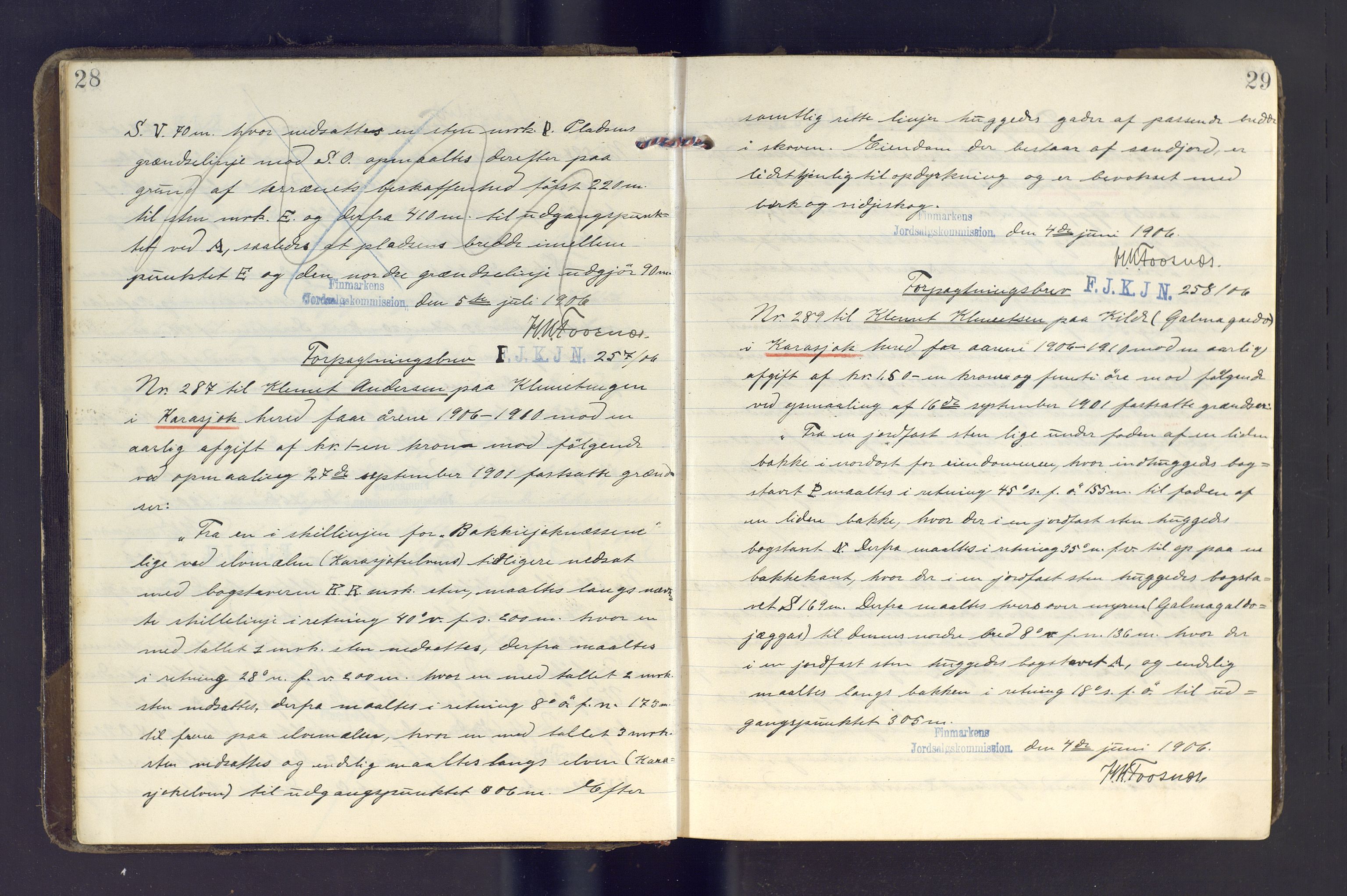 Finnmark jordsalgskommisjon/jordsalgskontor og Statskog SF Finnmark jordsalgskontor, AV/SATØ-S-1443/J/Ja/L0003: Kopibok for forpaktningsbrev for Finnmark, 1906-1910, p. 28-29
