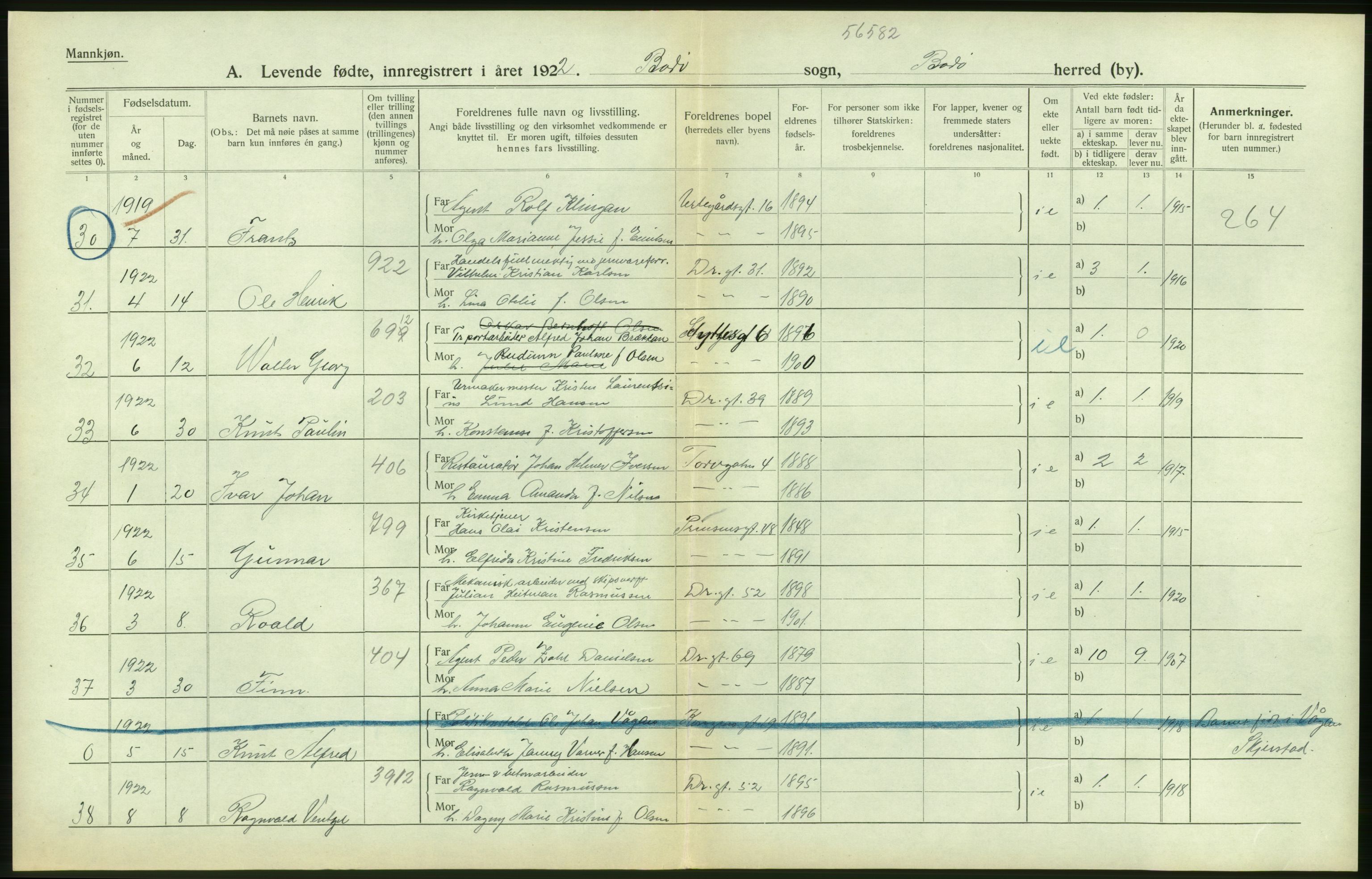 Statistisk sentralbyrå, Sosiodemografiske emner, Befolkning, AV/RA-S-2228/D/Df/Dfc/Dfcb/L0044: Nordland fylke: Levendefødte menn og kvinner. Bygder og byer., 1922, p. 40