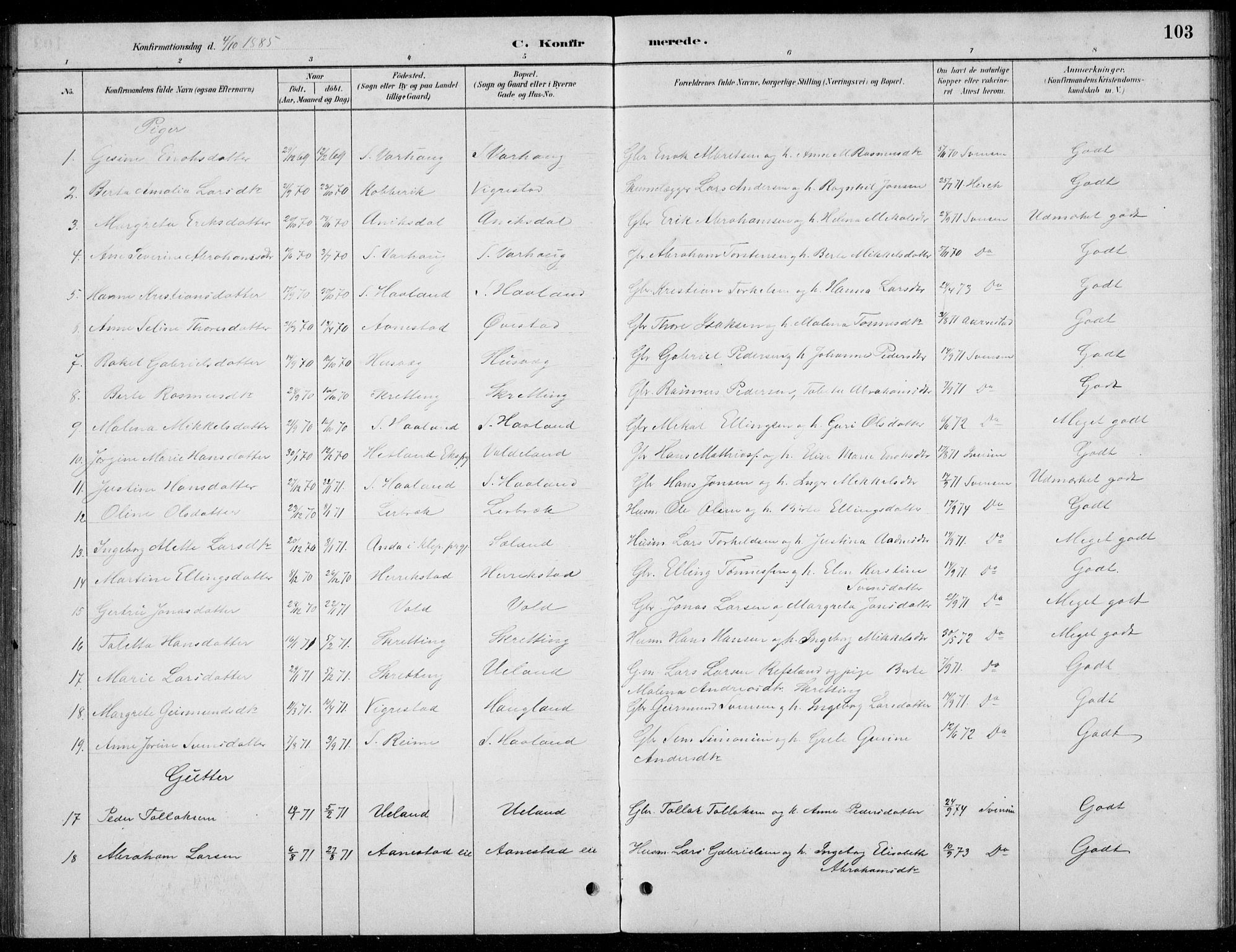 Hå sokneprestkontor, AV/SAST-A-101801/001/30BB/L0004: Parish register (copy) no. B 4, 1883-1899, p. 103