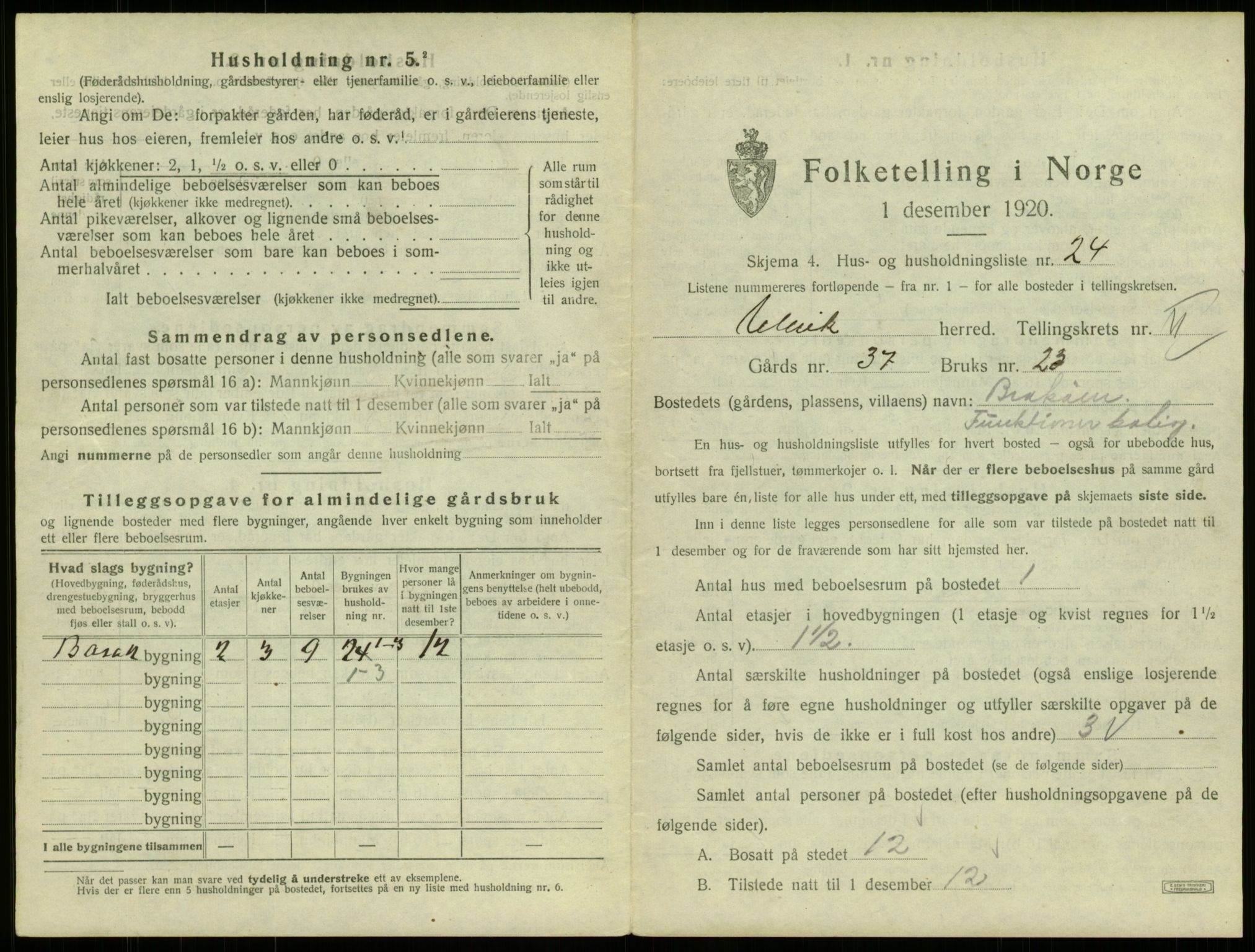 SAB, 1920 census for Ulvik, 1920, p. 23