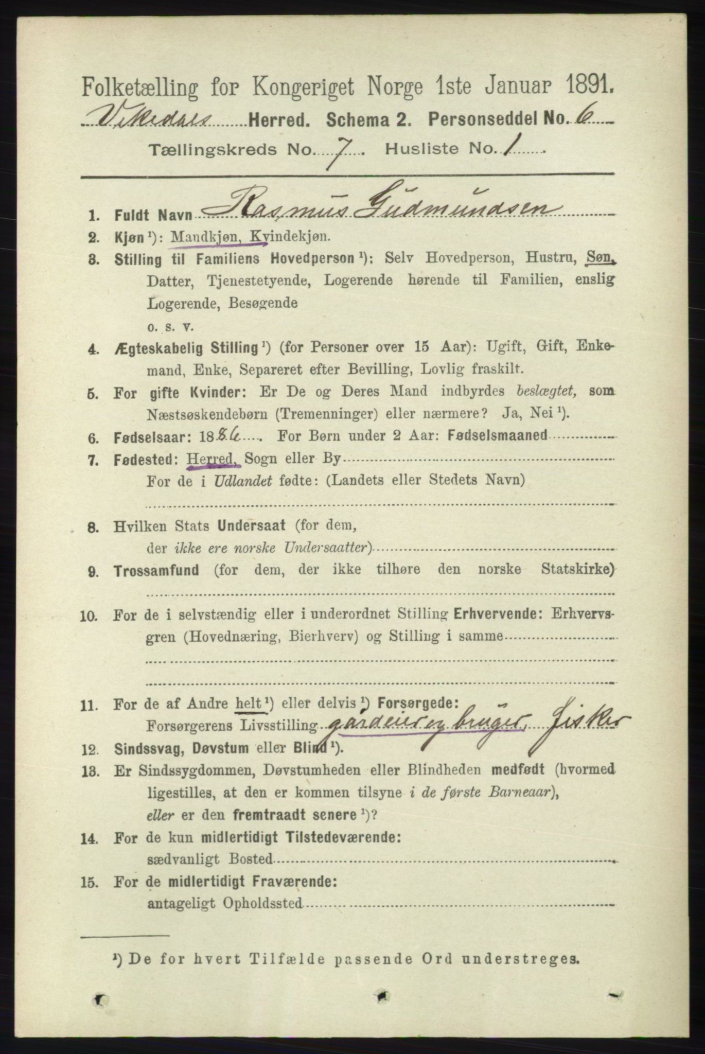 RA, 1891 census for 1157 Vikedal, 1891, p. 2039