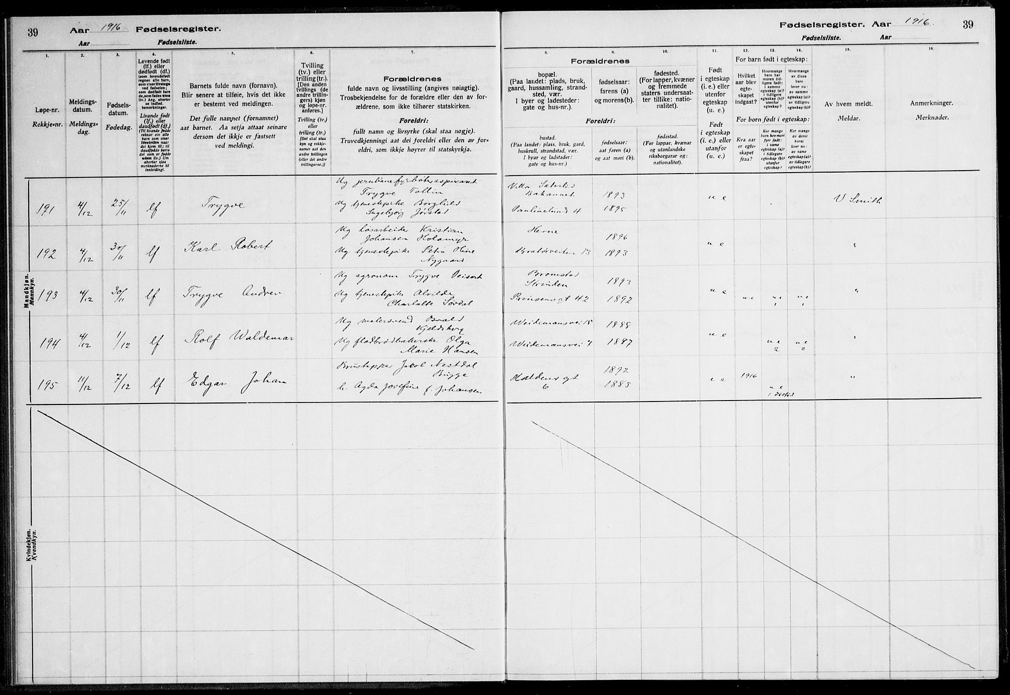 Ministerialprotokoller, klokkerbøker og fødselsregistre - Sør-Trøndelag, AV/SAT-A-1456/600/L0002: Birth register no. 600.II.4.1, 1916-1920, p. 39