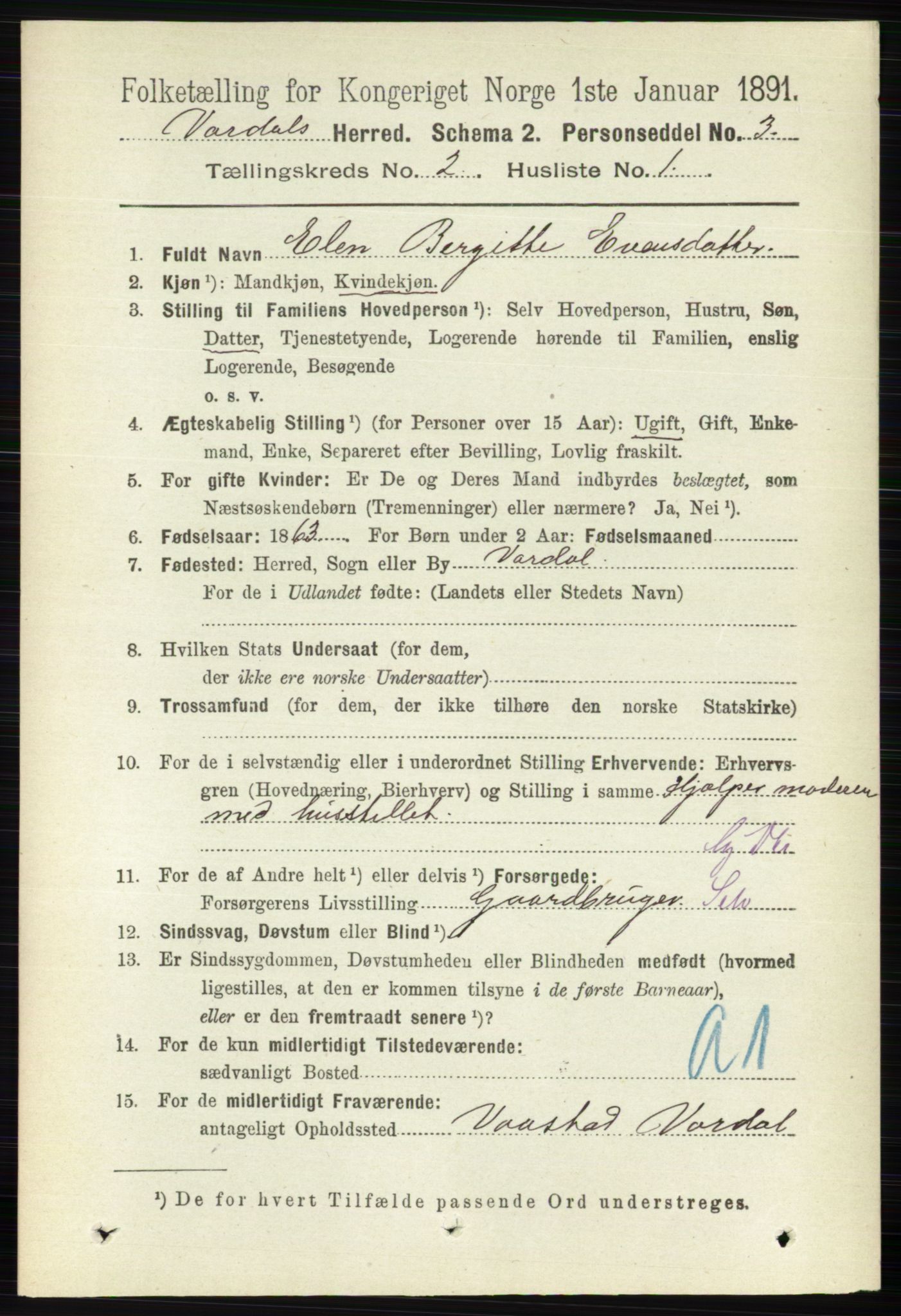 RA, 1891 census for 0527 Vardal, 1891, p. 526